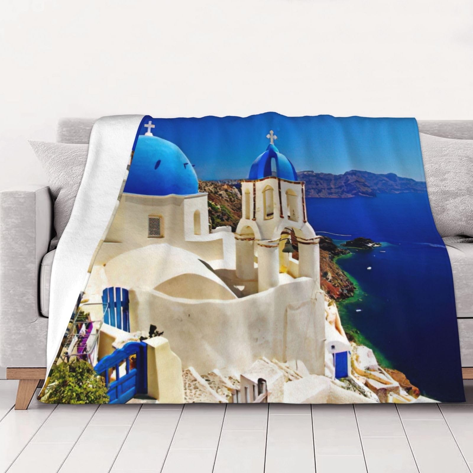 Couverture en flanelle Santorini plaid doux pour lit et canapé toutes saisons