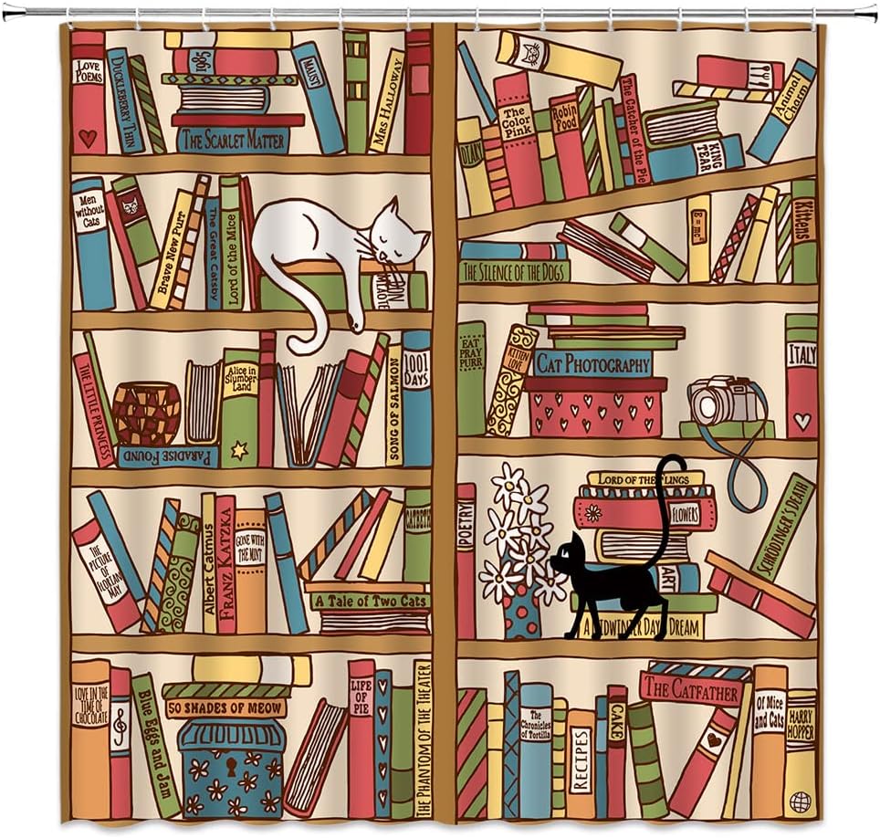 GCTNBJL Bookshelf Shower Curtain Library Cat Vintage