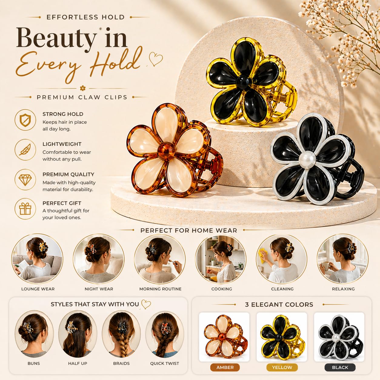 Dflora Flower Claw Clips for Women Girls, 3 PCS Strong Hold Hair Claw Clips, Floral Hair Accessories for Thick Thin Hair, Cute Aesthetic Hair Clutcher Set, Amber Yellow Black image 2