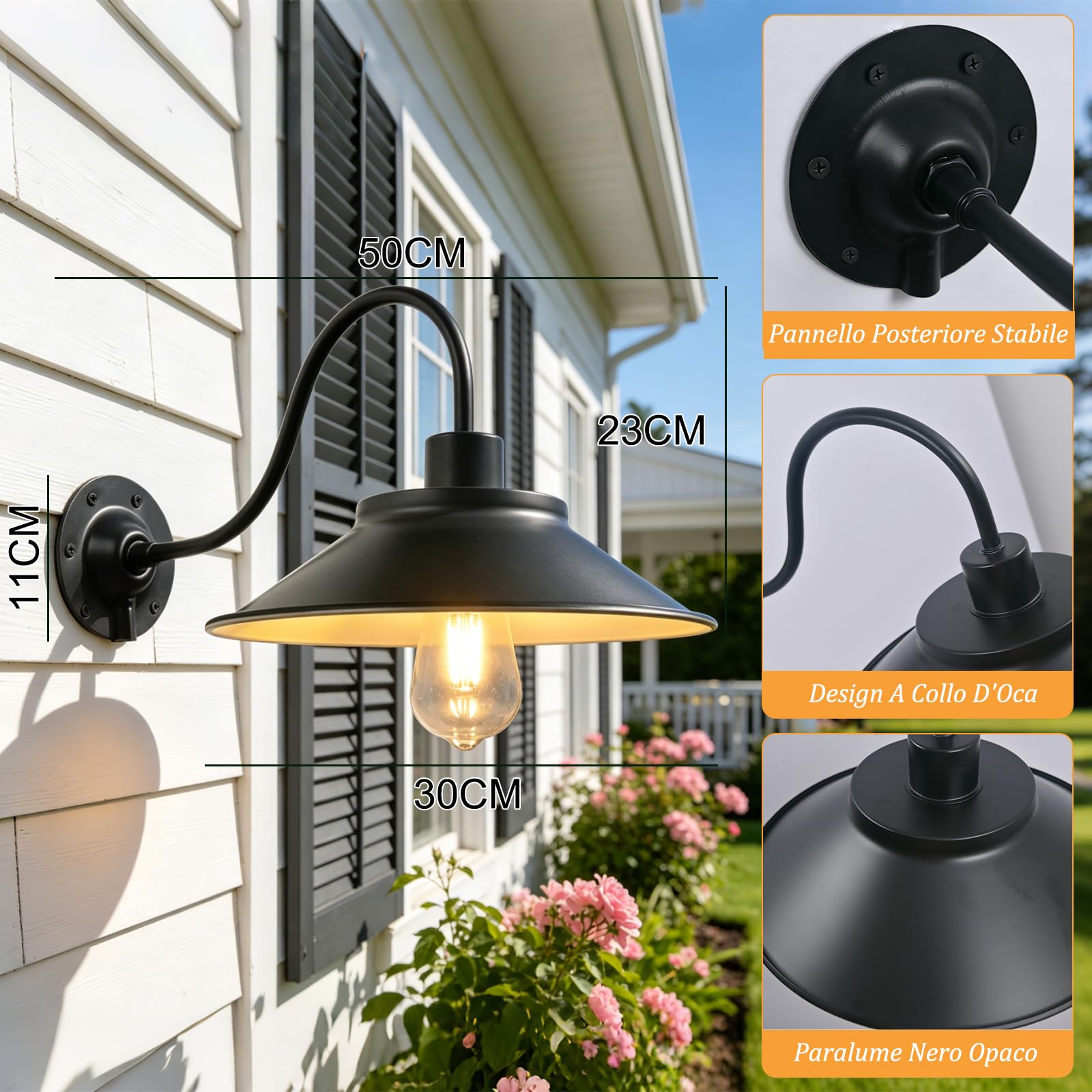 4 Pezzi applique da parete per esterni impermeabili lampade da veranda in ferro nero Luci da parete per esterni vintage a collo d'oca in stile rustico per garage ingressi e terrazze