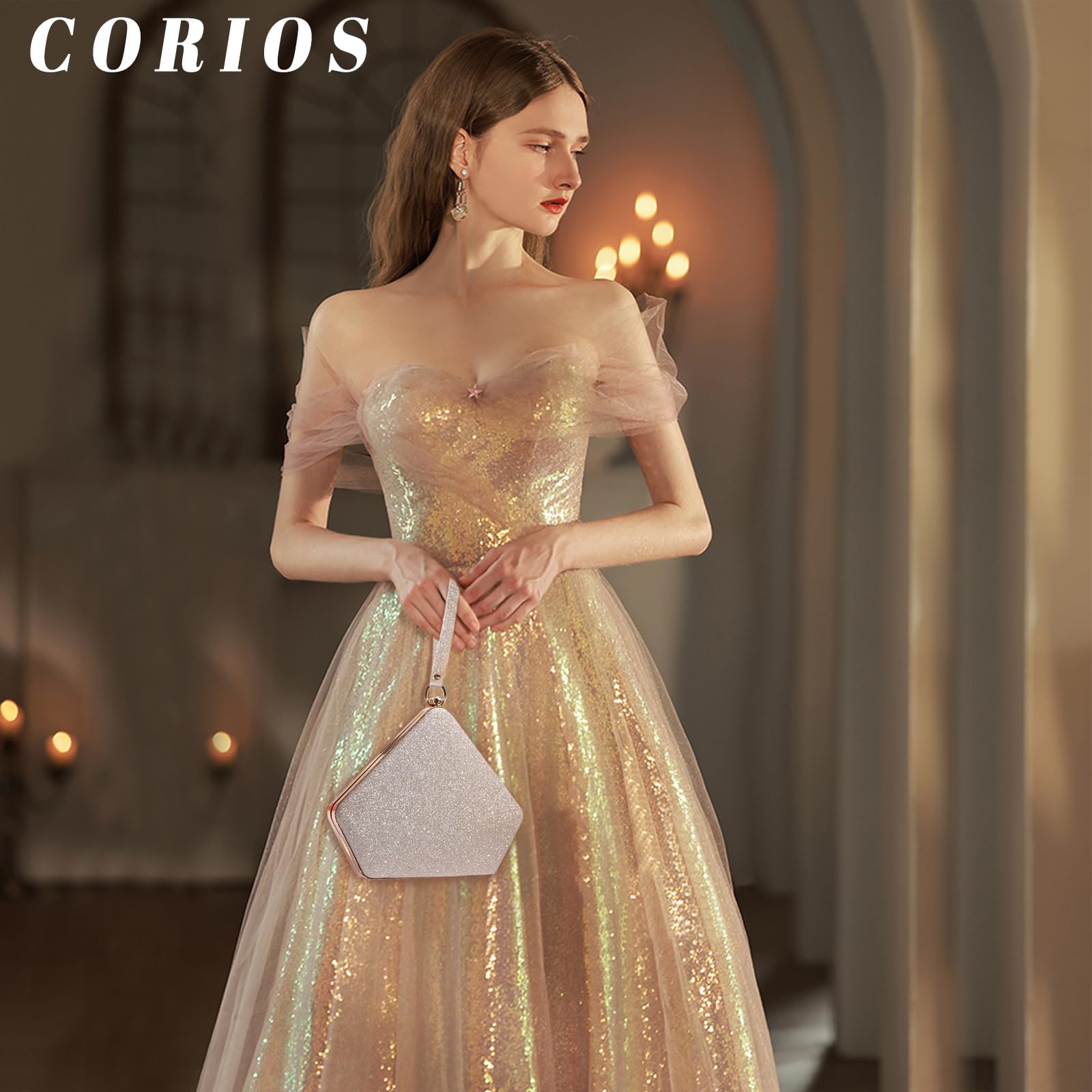 CORIOS Lentejuelas Clutch para Mujer Bolsa de Noche Bolso de Boda Lujoso Bolso de Hombro Bolsa de Cadena Pequeña Elegante Bolsos Bandolera Bolso de Fiesta para Fiesta de Graduación Banquete Dorado