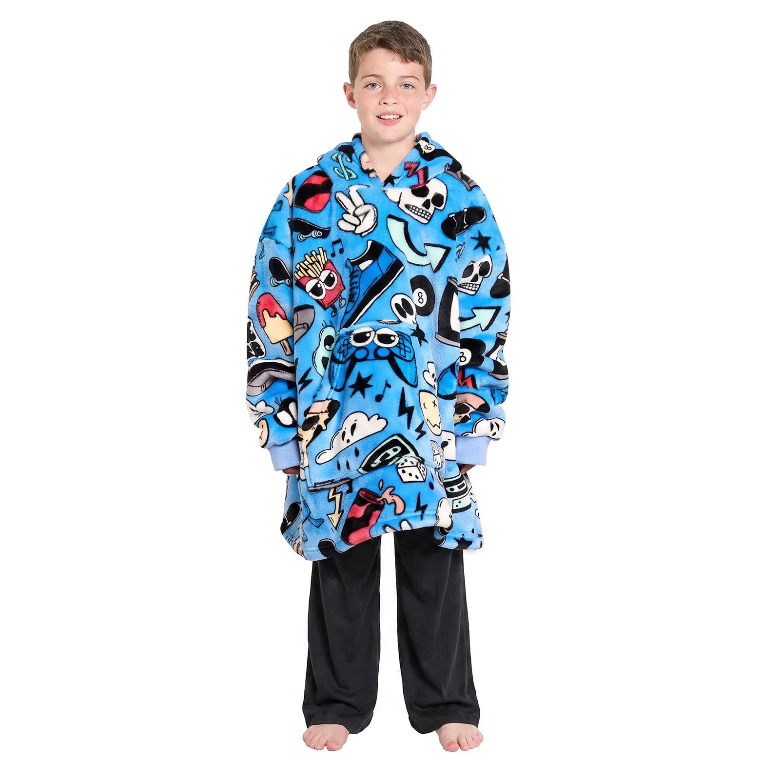 OHS Cartoon Print Blanket Hoodie Kids Sherpa Fleece Wearable Blanket, Blue