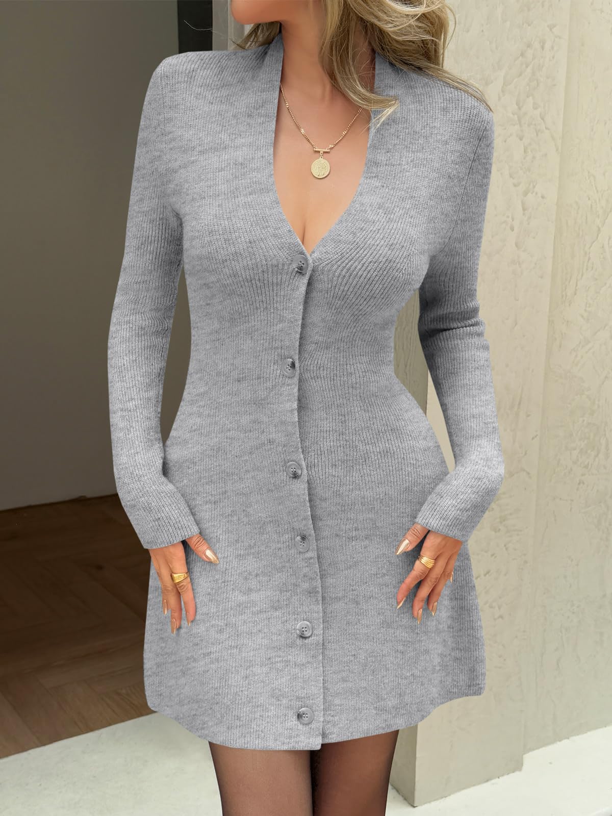 Wenrine Abito da donna con scollo a V profondo e scollo a V, sexy, a maniche lunghe, con bottoni, mini abiti autunnali