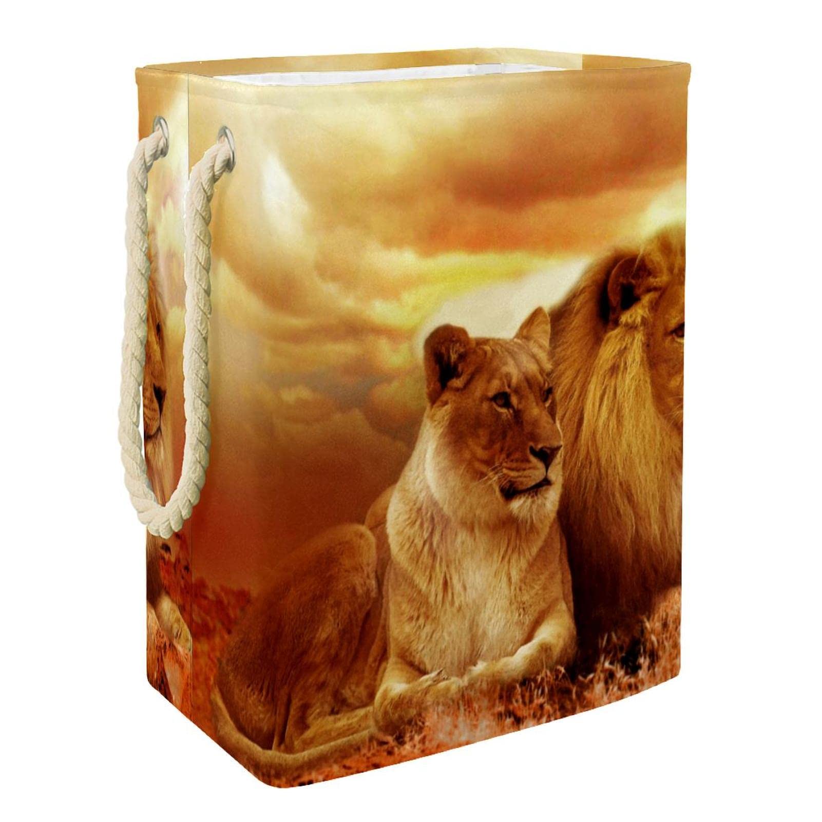 Panier à linge personnalisé motif couple lions africain safari