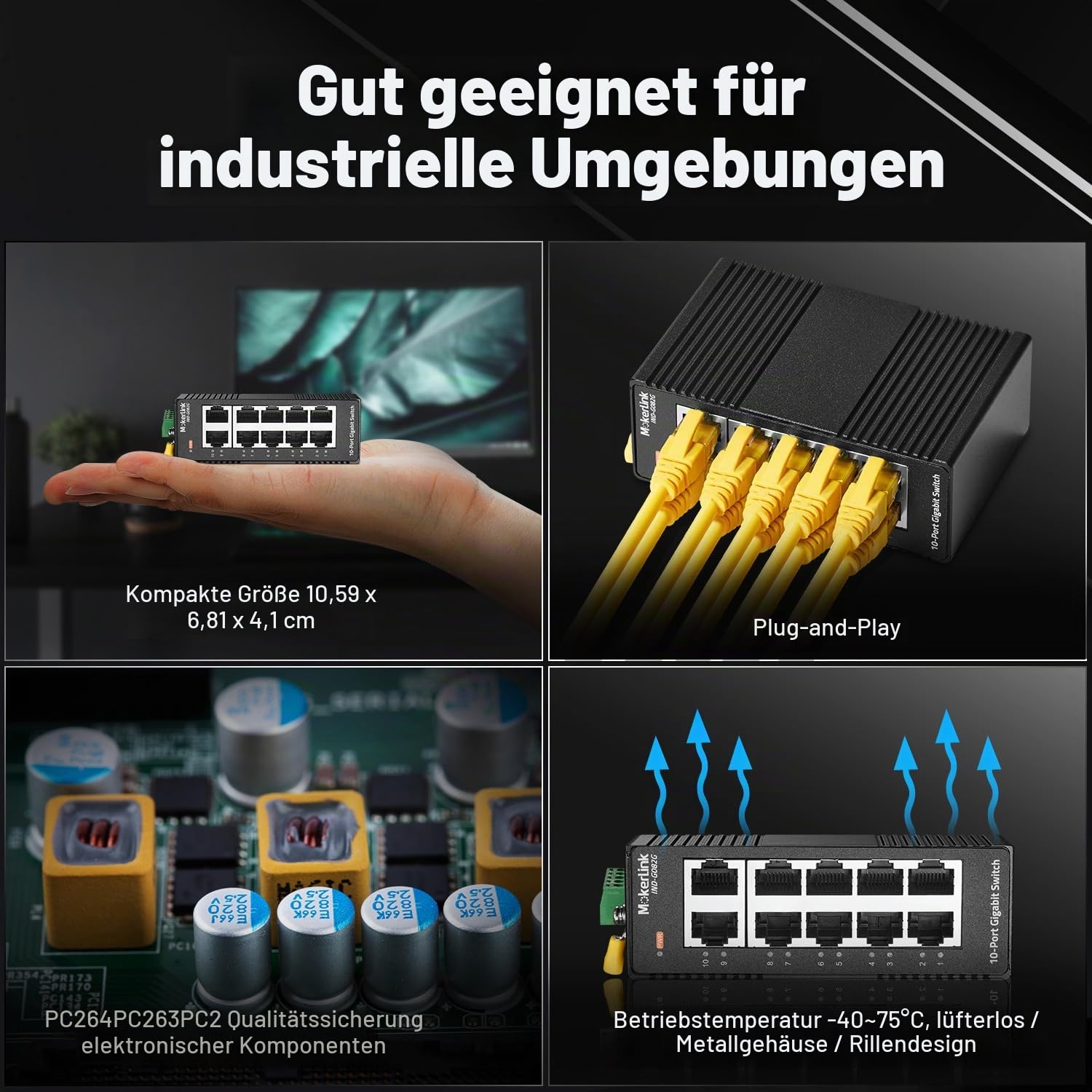 MokerLink 10 Port Gigabit Industrial DIN-Rail Ethernet Switch, Unmanaged IP40 Netzwerk-Switch (-40 bis 185°F), Mini-Format, mit Netzteil