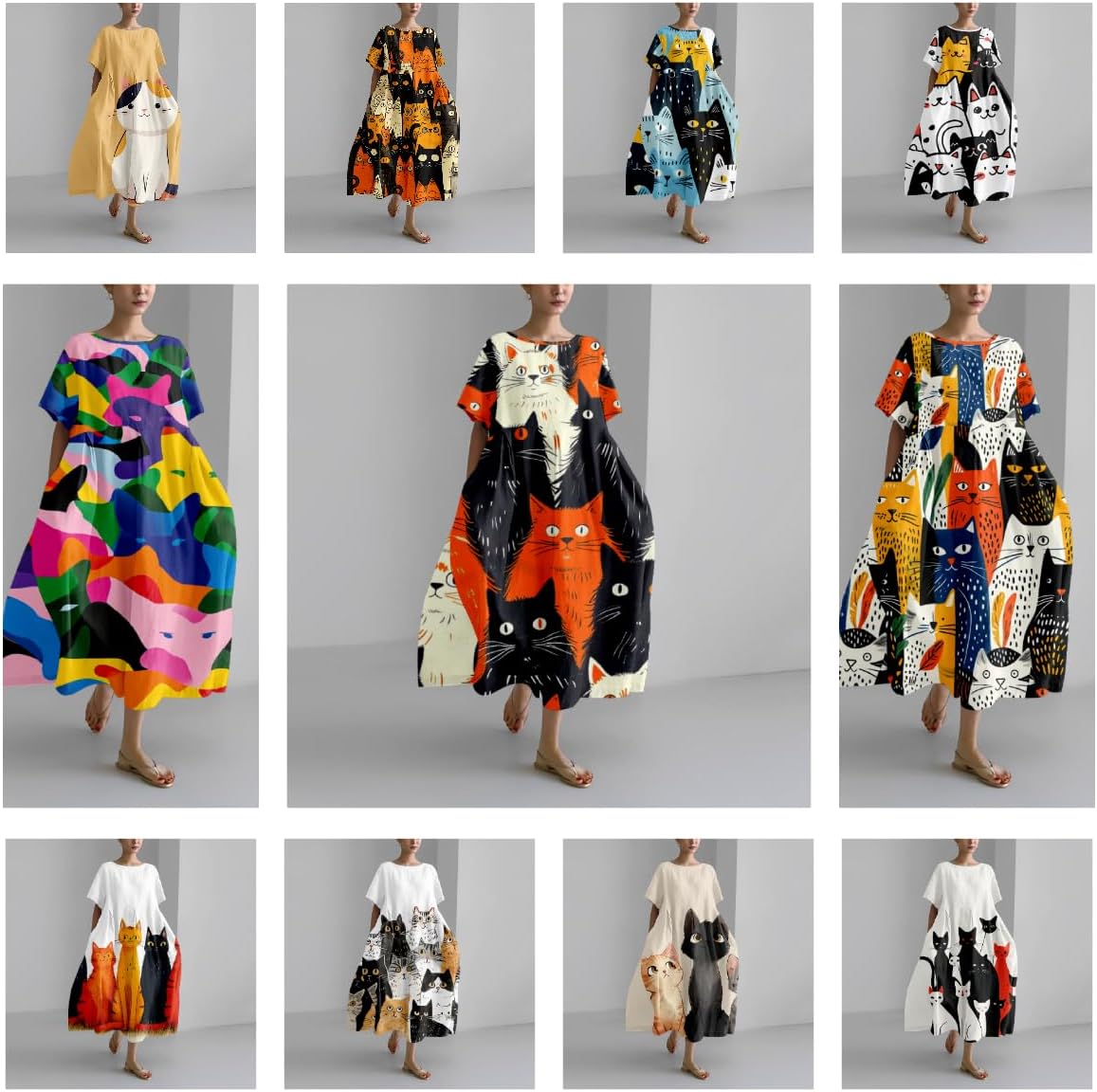 Womens Baggy Boho Cat Print Maxi Dress Summer Beach Vacation Casual Swing Long T Shirt Dresses with Pockets - Image 4