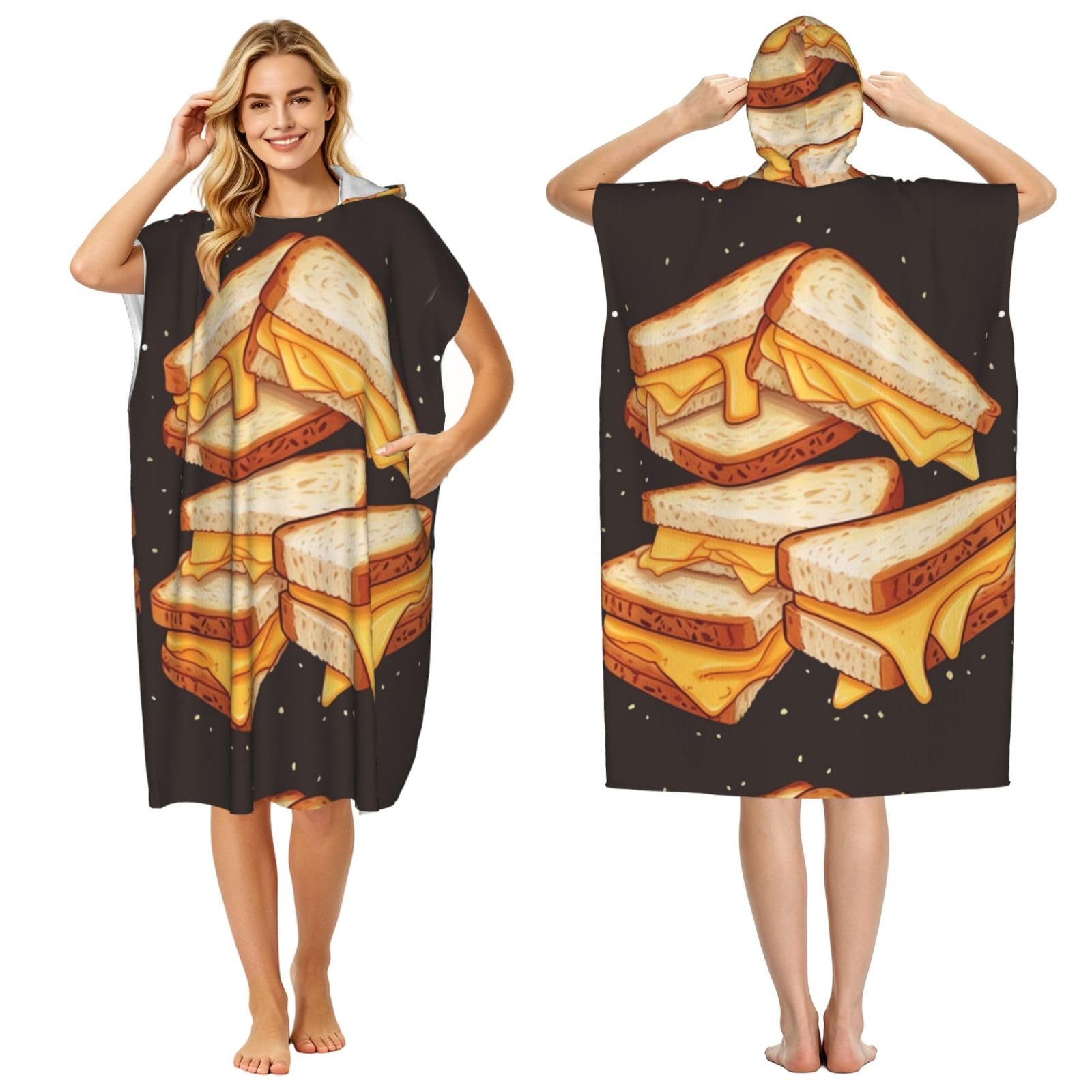 Poadnly Cheese Sandwiches Print, Adult Hooded Beach Towel 90 x 110 cm,Changing Bath Robe, Surf Poncho Towel For Women Men