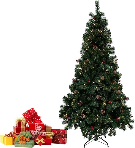 Adornos de Navidad para árbol de Navidad, decoración de árbol de Navidad preiluminado de 6 pies, luces LED cálidas, ramas de PVC realistas, fácil