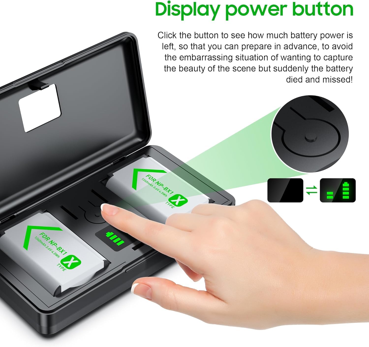 NP-BX1 (1240 mAh) Lot de 2 Batteries pour Appareil Photo numérique Sony Lithium ION ZV1,ZV1F,ZV-1F,RX100 VII(II/III/IV/VA),HX400/300/50R,étui de Piles Rechargeables supplémentaires