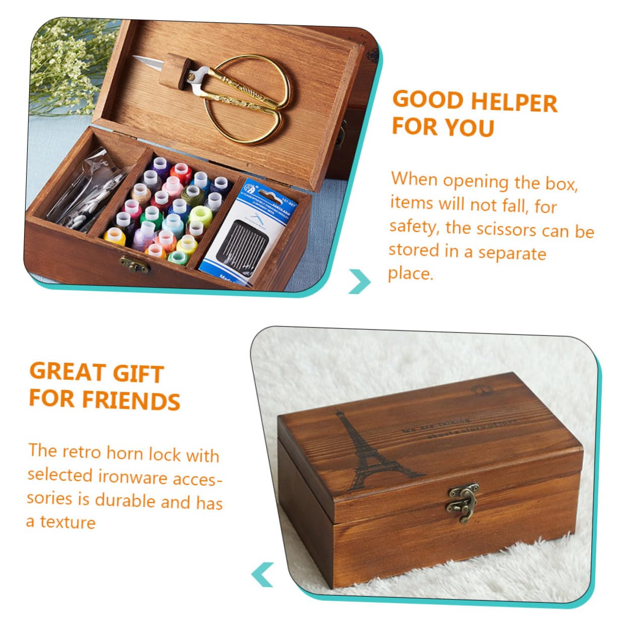 Caja de Costura de Madera para Guardar Agujas E Hilos Gran Capacidad Retro Compartimento para Tijeras y Almacenamiento Seguro para Bordado y Costura a Mano