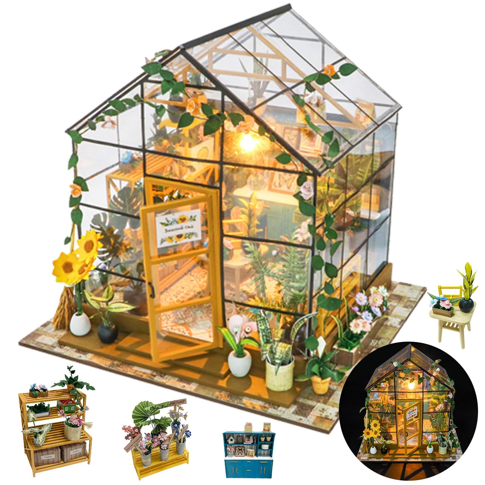 NALACAL DIY Miniature Dollhouse Kit,Book Nook Greenhouse Kits with Furniture and LED,Wooden Dollhouse Kit,Best Birthday Valentine's Day for Family & Friends
