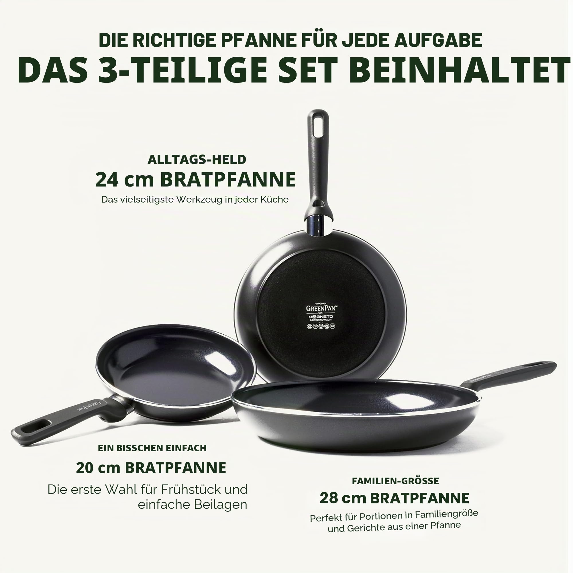 GreenPan Memphis Bratpfannen-Set, 20 cm, 24 cm & 28 cm, Gesunde Keramische Antihaftbeschichtung, PFAS-frei, Induktionsgeeigent, Spülmaschinenfest, Backofenfest, Muttertagsgeschenk, Schwarz