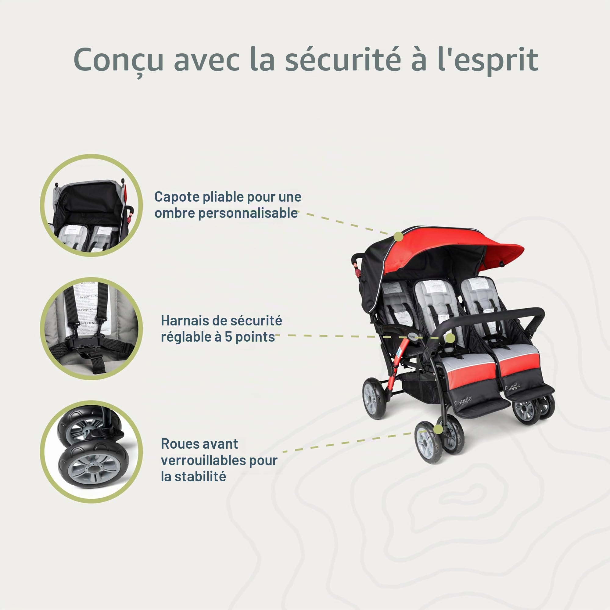 Gaggle Poussette Compass Quad 4 places, poussette 4 places pour garderie, pare-soleil anti-UV, harnais 5 points, bleu sarcelle