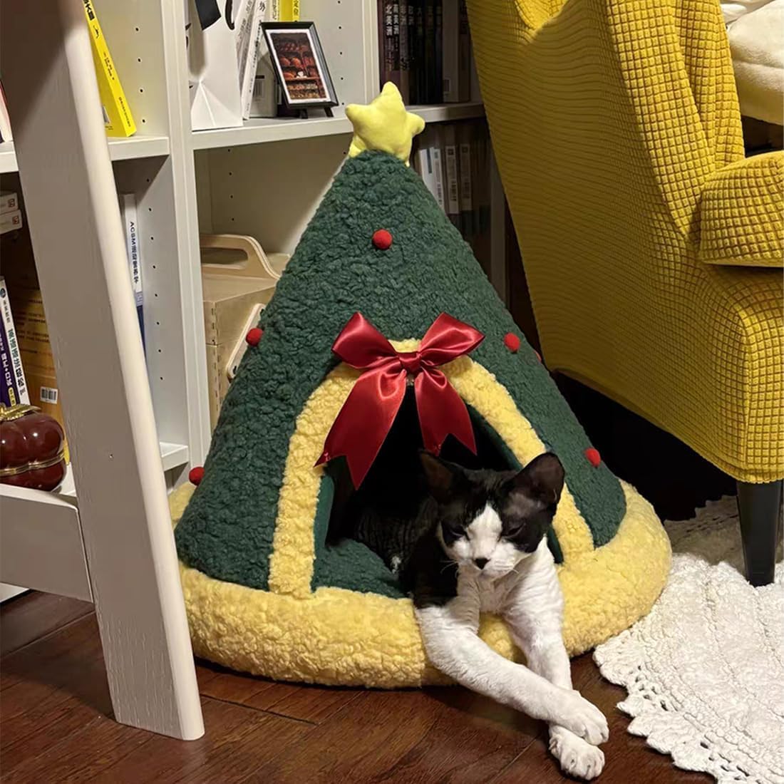 Pawsmas Christmas Tree Triangle Cat Cave Bed, Removable and Washable Winter Closed-Off Cat Bed, Semi-Enclosed Pet Sleeping Bag Foldable Cat Cave or Small Dog Bed (Tree Nest, Small)