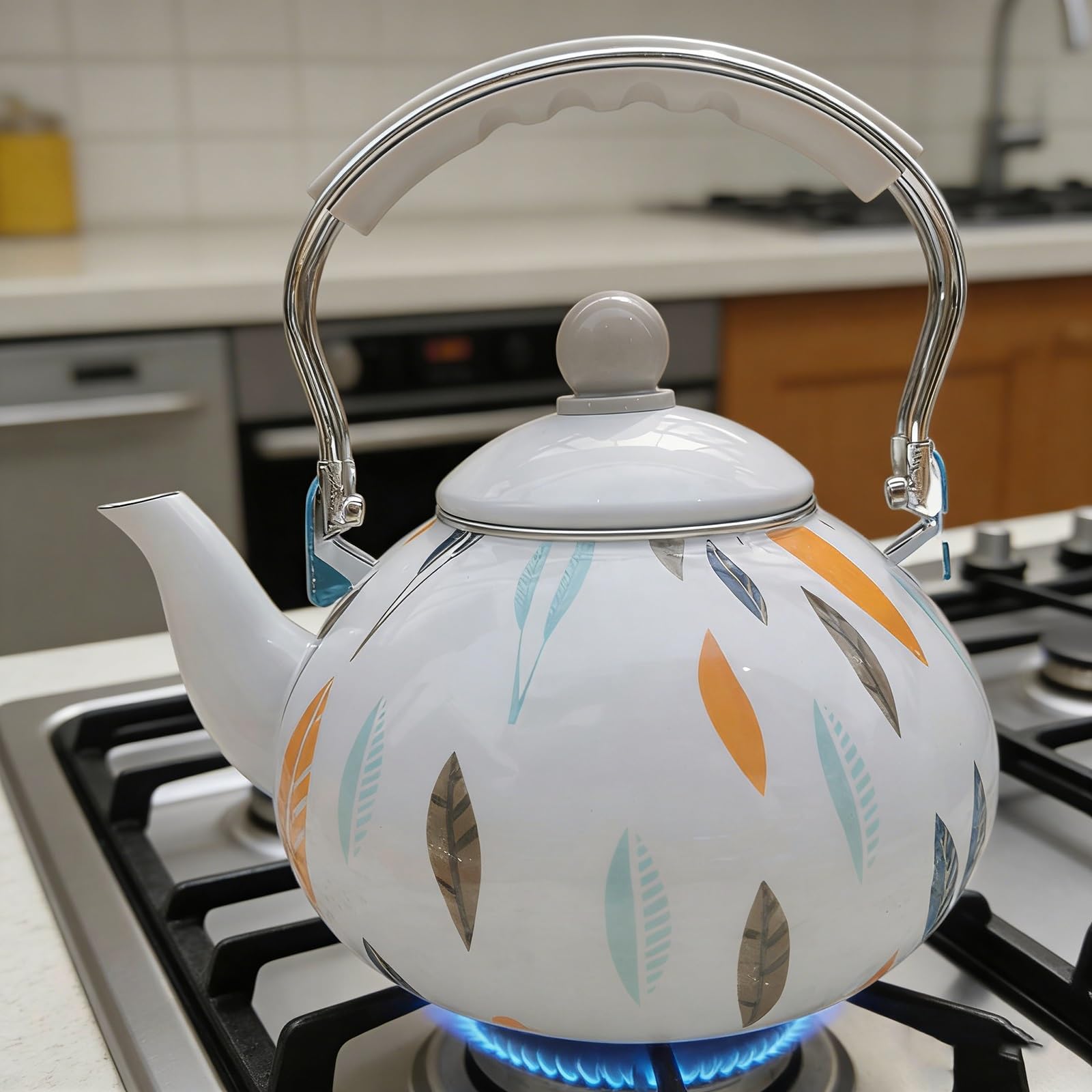 Hervidor de té esmaltado, Hervidor de acero esmaltado de gran capacidad (3 litros) con asa ergonómica plegable, apto para cocinas de gas, eléctricas y de inducción.