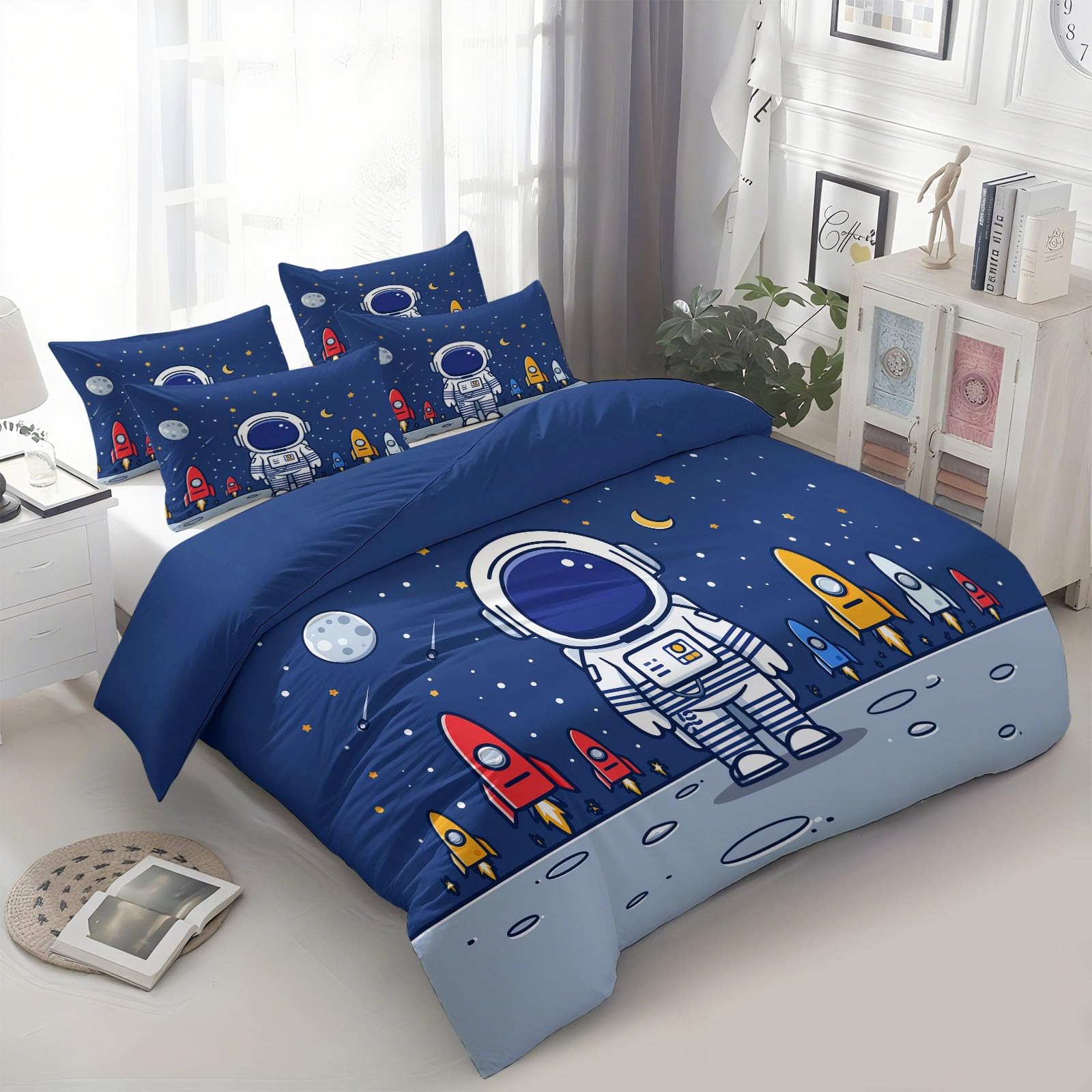 Poszwa na kołdrę 140 x 200 cm rysunki instrumenty muzyczne astronauci pościel dziecięca miękka i wygodna poliestrowa bawełna poszwa na kołdrę druk 3D z 2 poszewkami na poduszki, granatowy