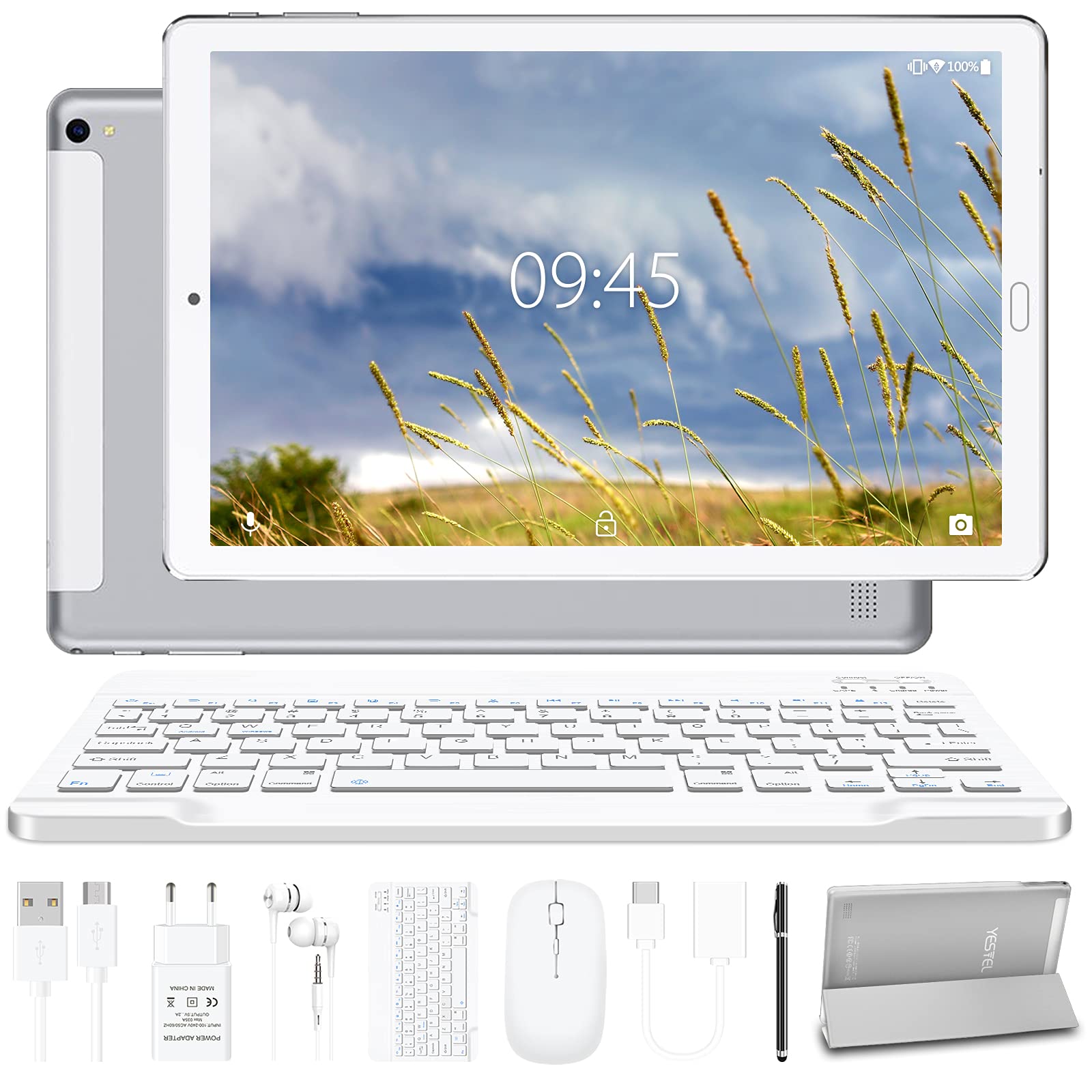 YESTEL Tablet 10 Pollici Android 11 Tablet con 4 GB RAM + 64 GB Rom - WiFi | Bluetooth | GPS, 8000 mAh, con Mouse | Tastiera e Cover-Argento Android 11,Accessori completi + Argento