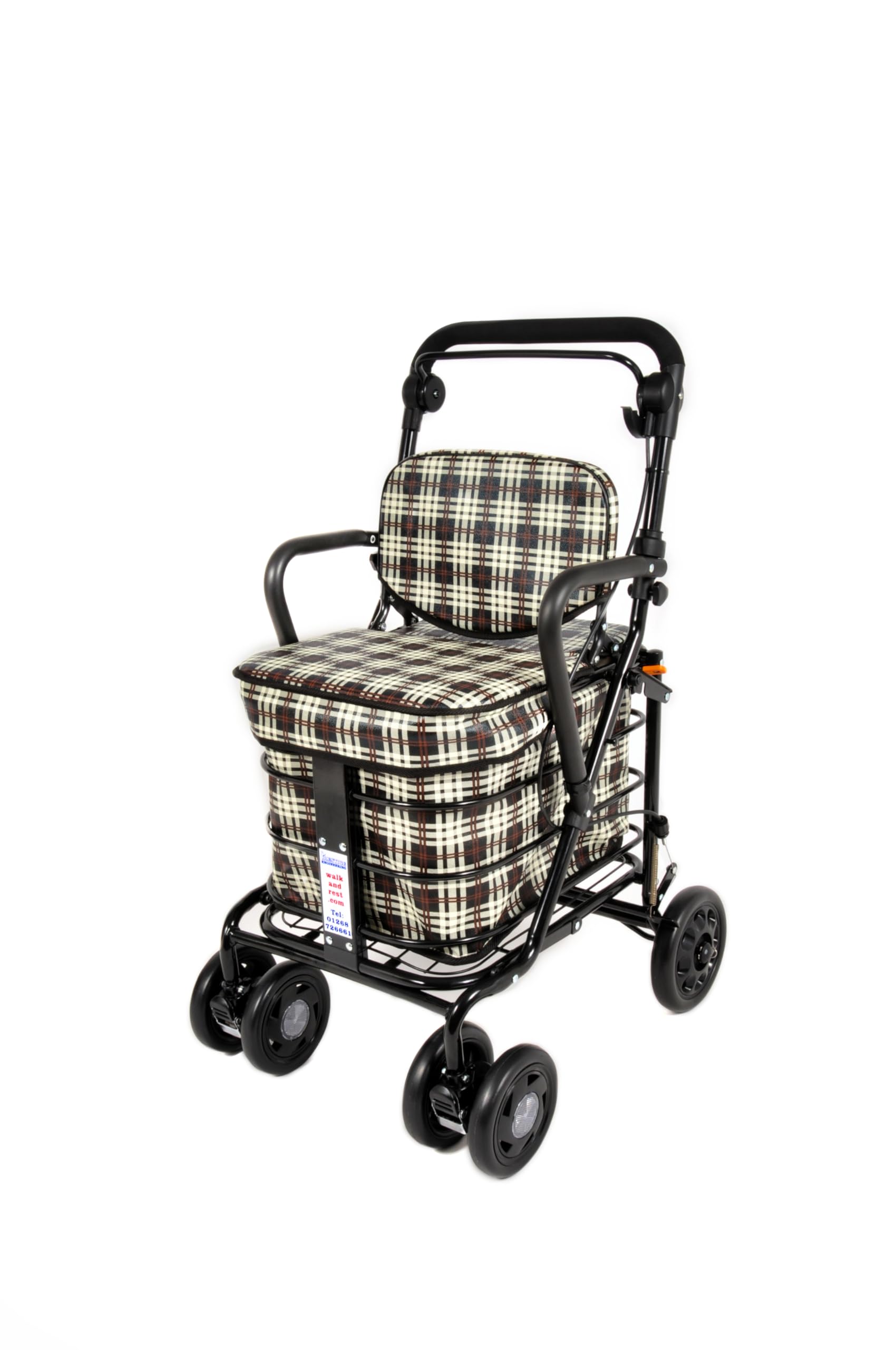 Prestige Walk and Rest Royal Shopping Trolley with Seat & Armrest/Walking frame/Seated Mobility Trolley/Stroller/Walking Trolley (FULLY ASSEMBLED in UK READY TO USE!) (Brown Tartan)