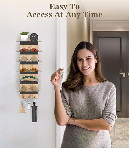 Miniatura 6 de MoKo Estante organizador de lentes de sol, 6 niveles de madera rústica para lentes de sol con 3 ganchos, almacenamiento de gafas de sol montado en
