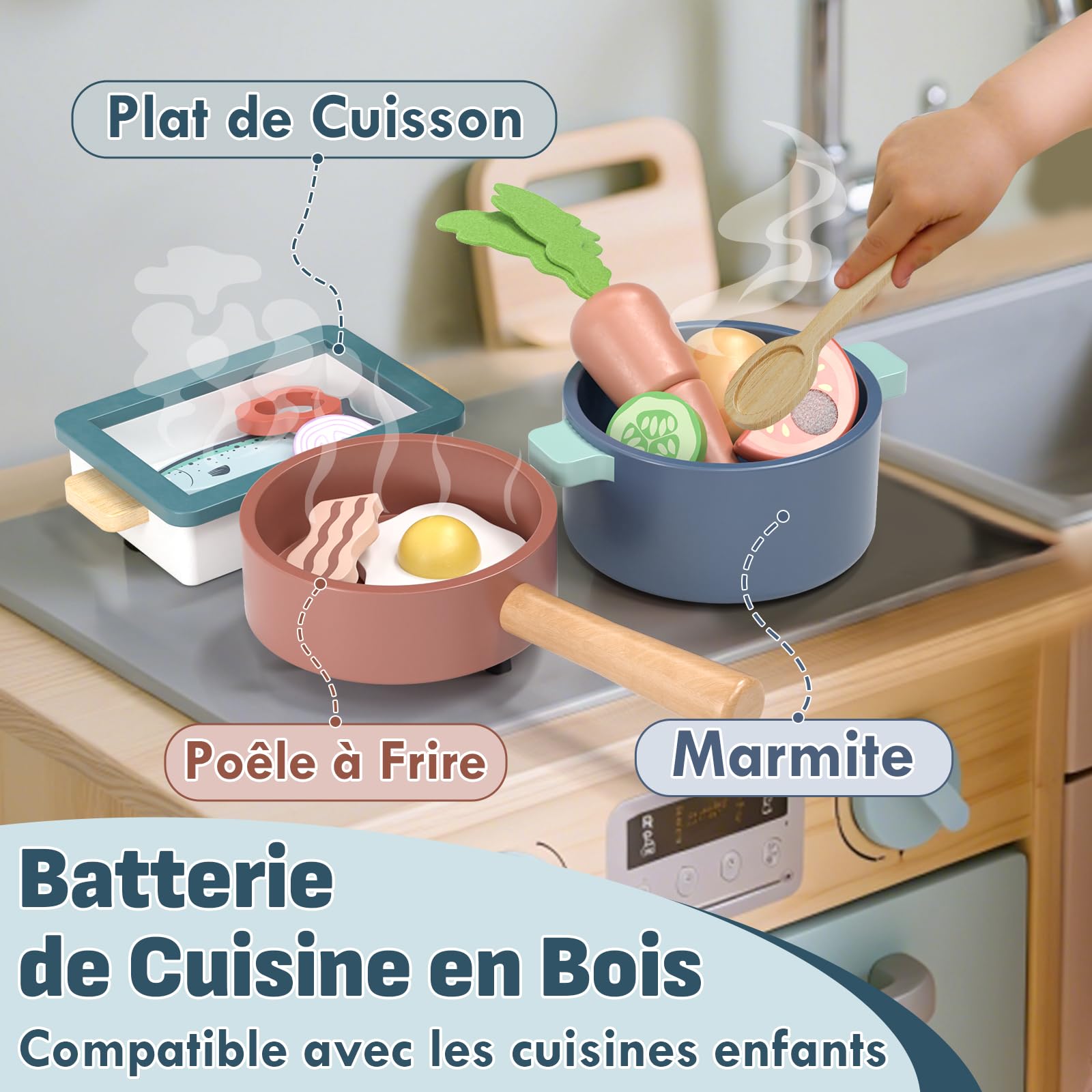 Lehoo Castle Accessoire Cuisine Enfant, Dinette et Pots, Dinette en Bois, Ustensile Cuisine Enfant, Legumes Jouet, Jouet Éducatif Éveil Montessori
