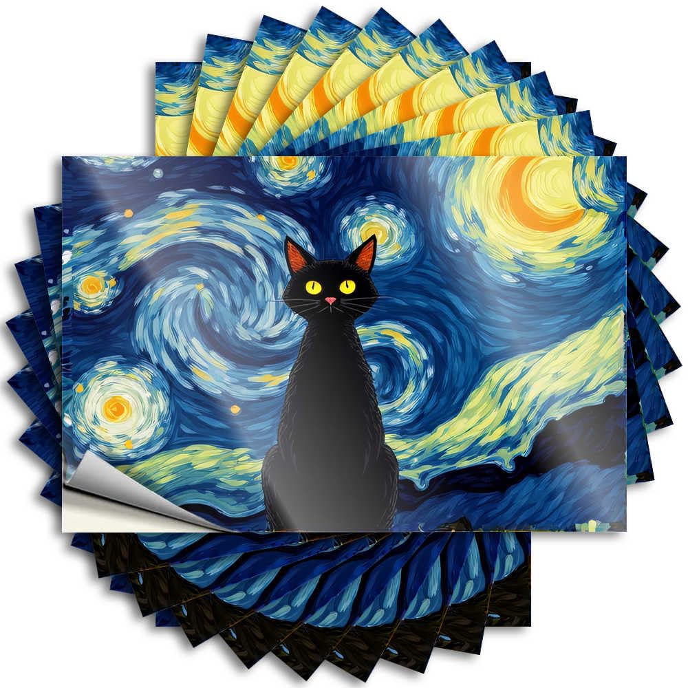 Fzfn Girls Colour Lettering Sticker - Coffee Bottle Black Cat Under The Starry Night Sky For Dart Funny Kitchen Decor(6X9cm)