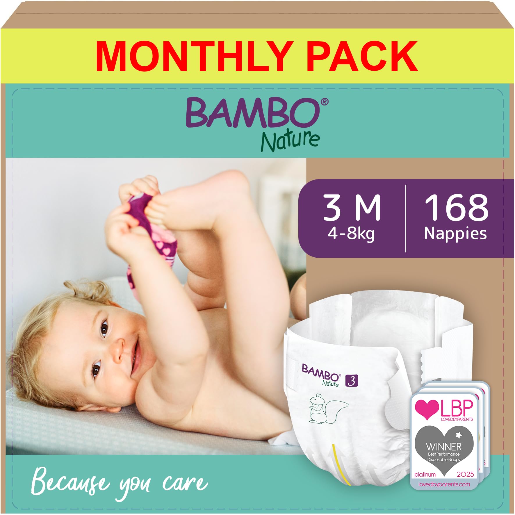 Premium Eco Nappies, Size 3 (9-18lb/4-8kg), Midi, 168PK, Eco-Labelled, Enhanced Leakage Protection, Secure & Comfortable Baby Nappy