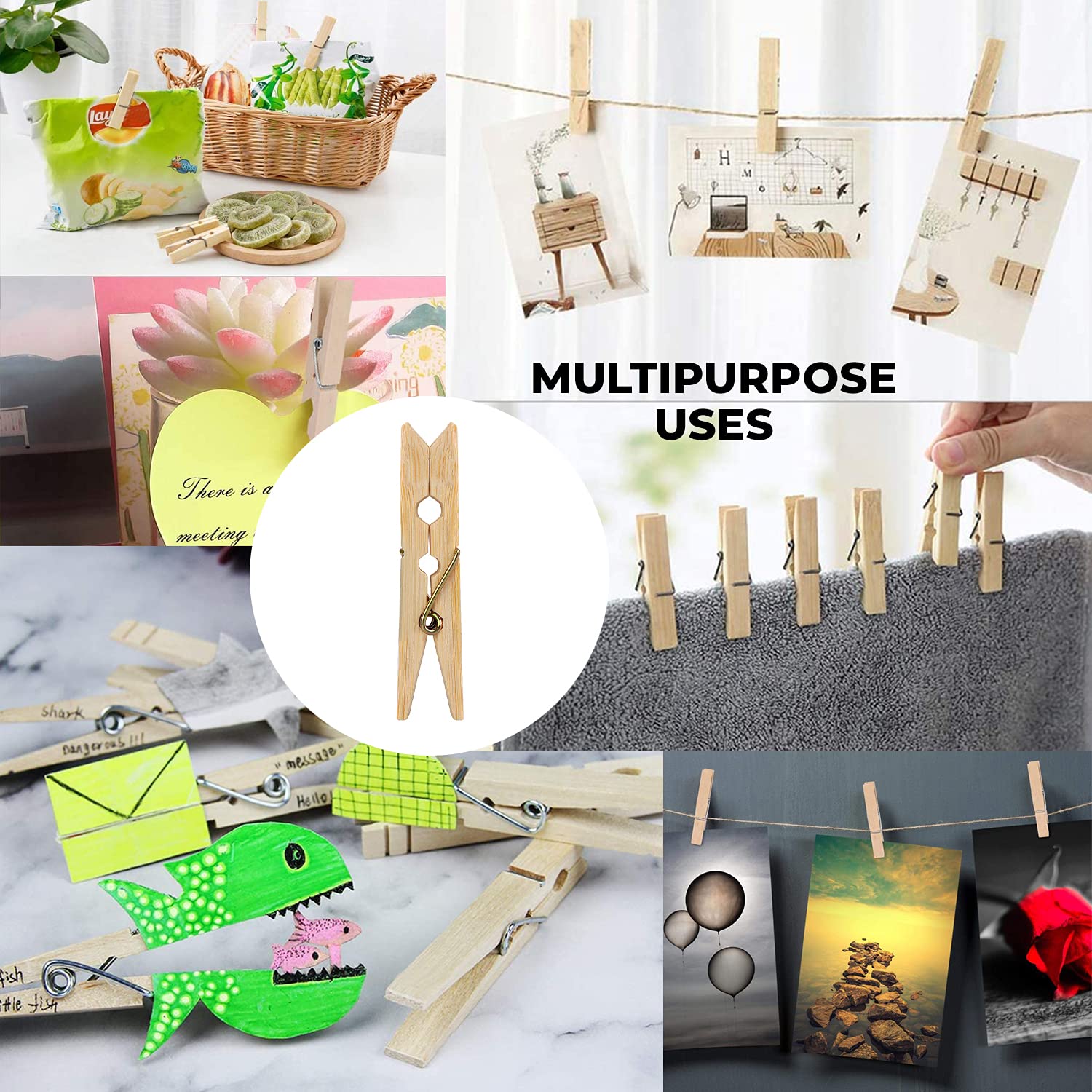 Now Organic Premium Bamboo/Wooden Cloth Clips/pegs Suitable for Light Garments and Photo Hanging.Free Reusable Muslin potli Single Pack of (1) (50) Small Size 3