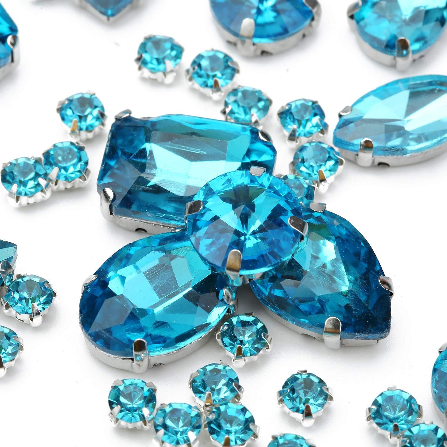 Blue Sew On Rhinestones, Choupee 130PCS Teal Sew On Rhinestone Metal Back Prong Setting Sewing Claw Rhinestone Mixed Shapes Sew On Glass Gems for Jewelry, Clothes, Costume, Shoes, Dress, Garments