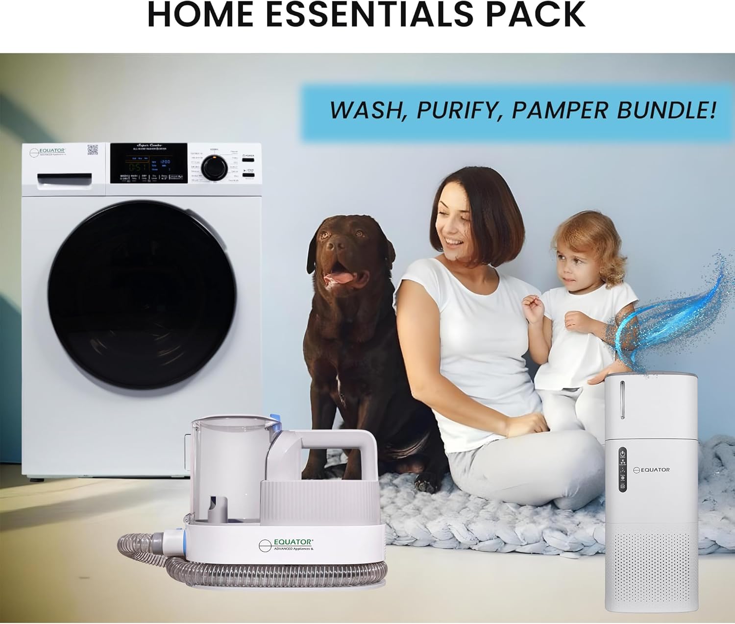 Equator PRO PET Pack Stackable 1.6cf Washer+3.5cf Dryer+PET Groomer+PET Air Purifier/Hum