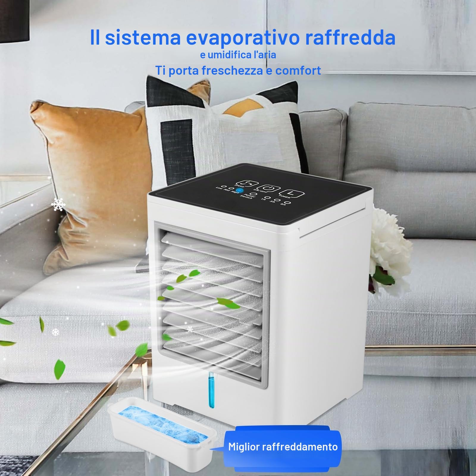 Condizionatore d'aria portatile, raffreddatore d'aria evaporativo con 3 velocità, USB Touch condizionatore d'aria personale con temporizzazione 1/3/6H, mini ventola di raffreddamento da tavolo per