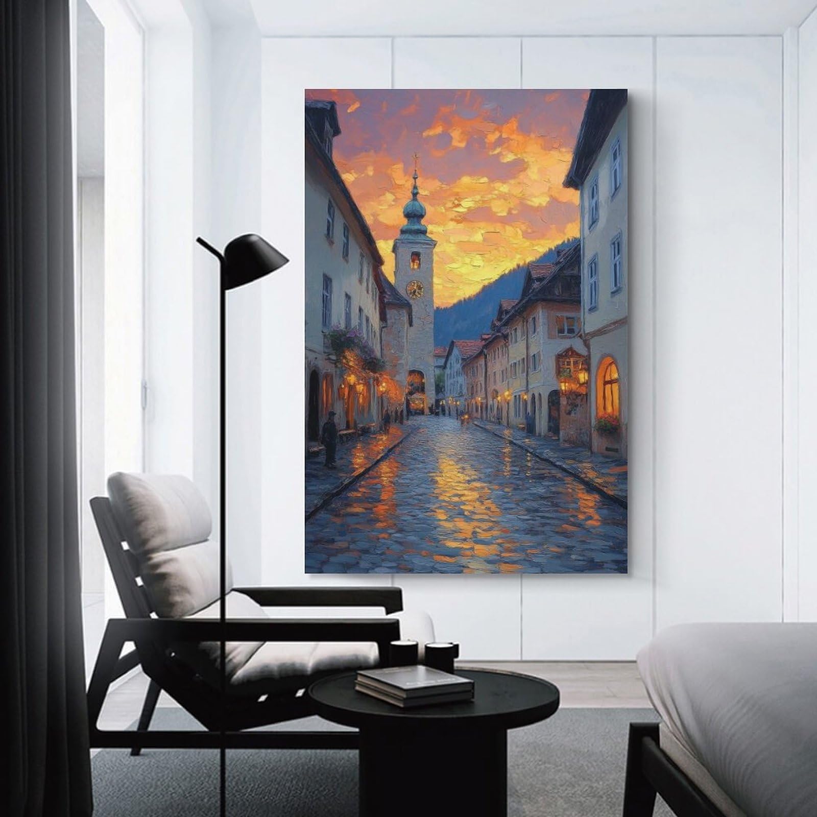 Junmoney Unframe-Style-3 Cobblestone Street At Sunset Room Decor Wall Art 20X30inch(50X75cm), For Lounge Decor, Offices Or Entryway Styling, A Flexible Wall Accent For Shared Spaces