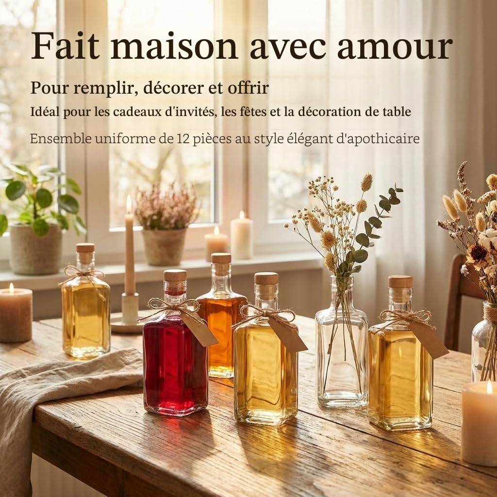 gouveo Lot de 12 bouteilles en verre 500 ml Carré Pharmacien avec bouchon en liège (HGK) - Bouteille 0,5 l à remplir et à offrir - Bouteille vide pour gin, liqueur, huile, vinaigre (AFET500HGK)