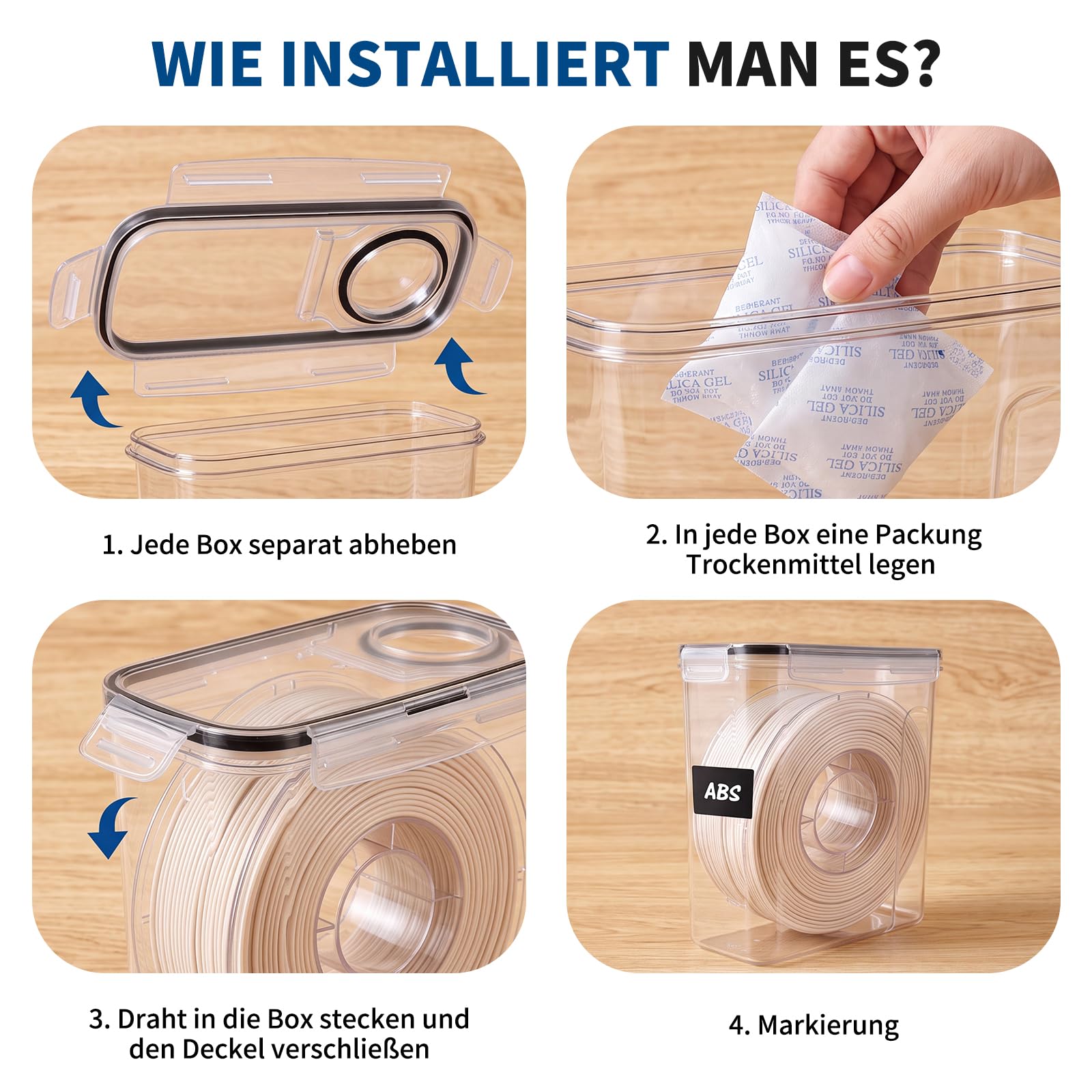 4 Stück Filament Aufbewahrungsbox, Filament Container für 3D Druck Filament Versiegelung und Schutz, Tragbare Aufbewahrung mit 4 Hygrometer, Rohrabschneider, Trockenmittel & Etiketten 4,0L