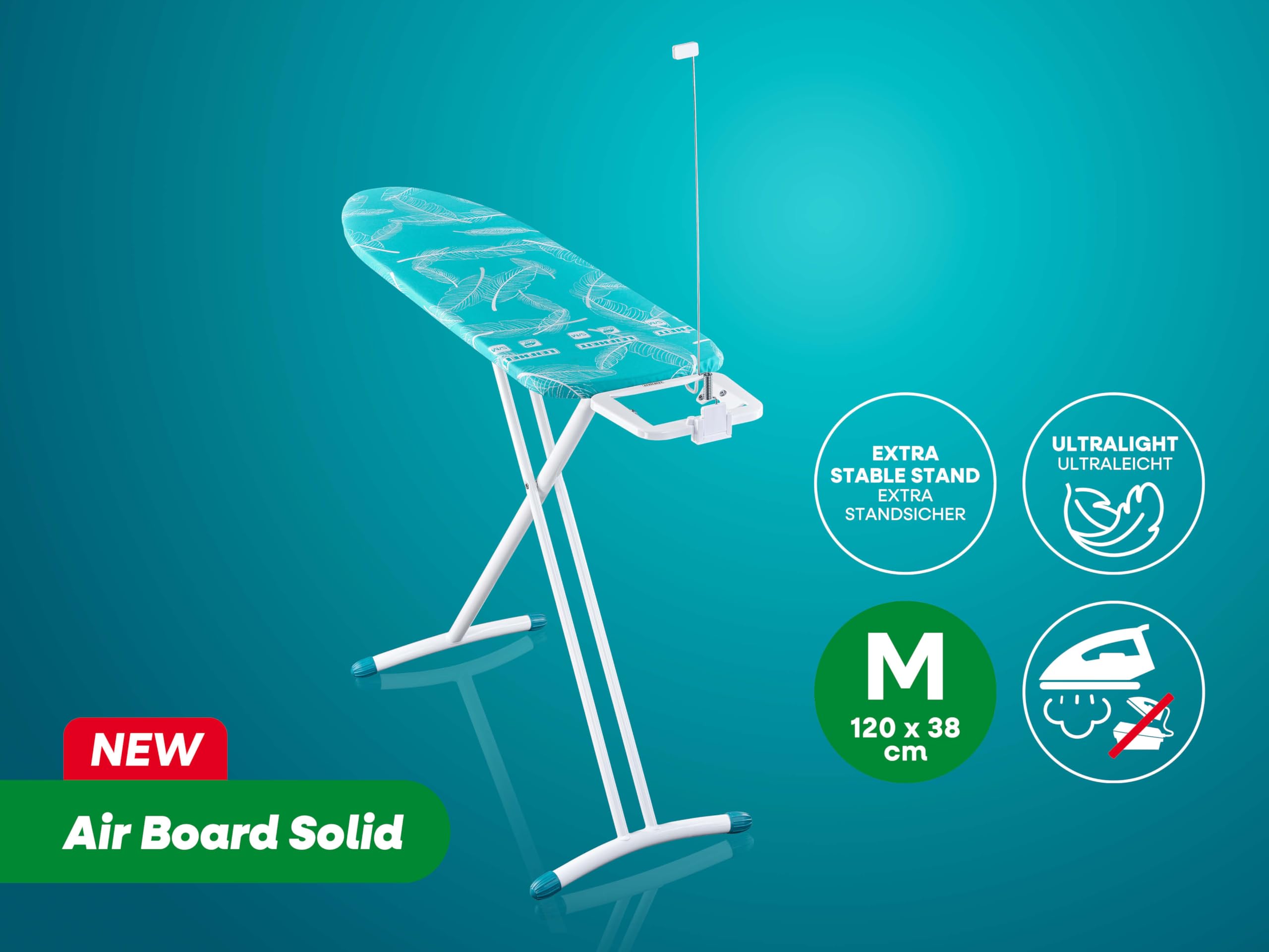 Leifheit Tabla de Planchar Air Board M Solid, Thermo Reflect | Superficie 120 x 38 cm, altura regulable hasta 100 cm, ultraligera, bandeja fija, ideal para plancha de vapor