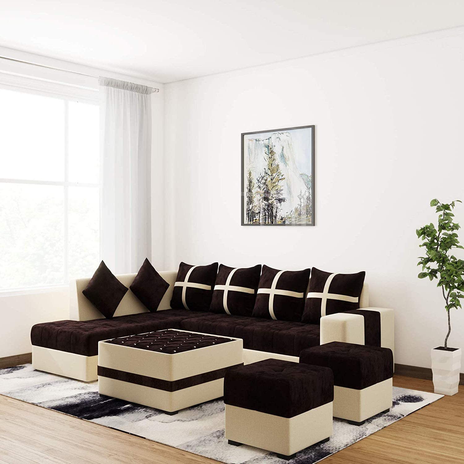 Torque Jamestown 8 Seater L Shape Sofa Set for Living Room Left Side-Brown | Fabric Sofa with Table Puffy | L Shape Sofa 8 Seater with Ottoman for Office-image-18