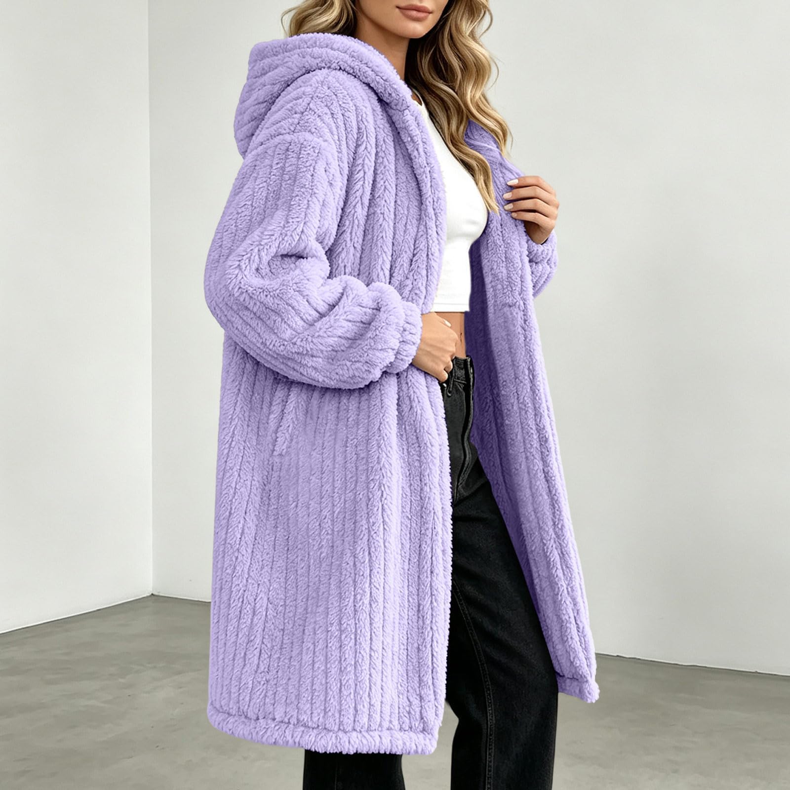 Teddy Mantel Damen Lang Fleecejacke Mit Kapuze Wintermantel Flauschig