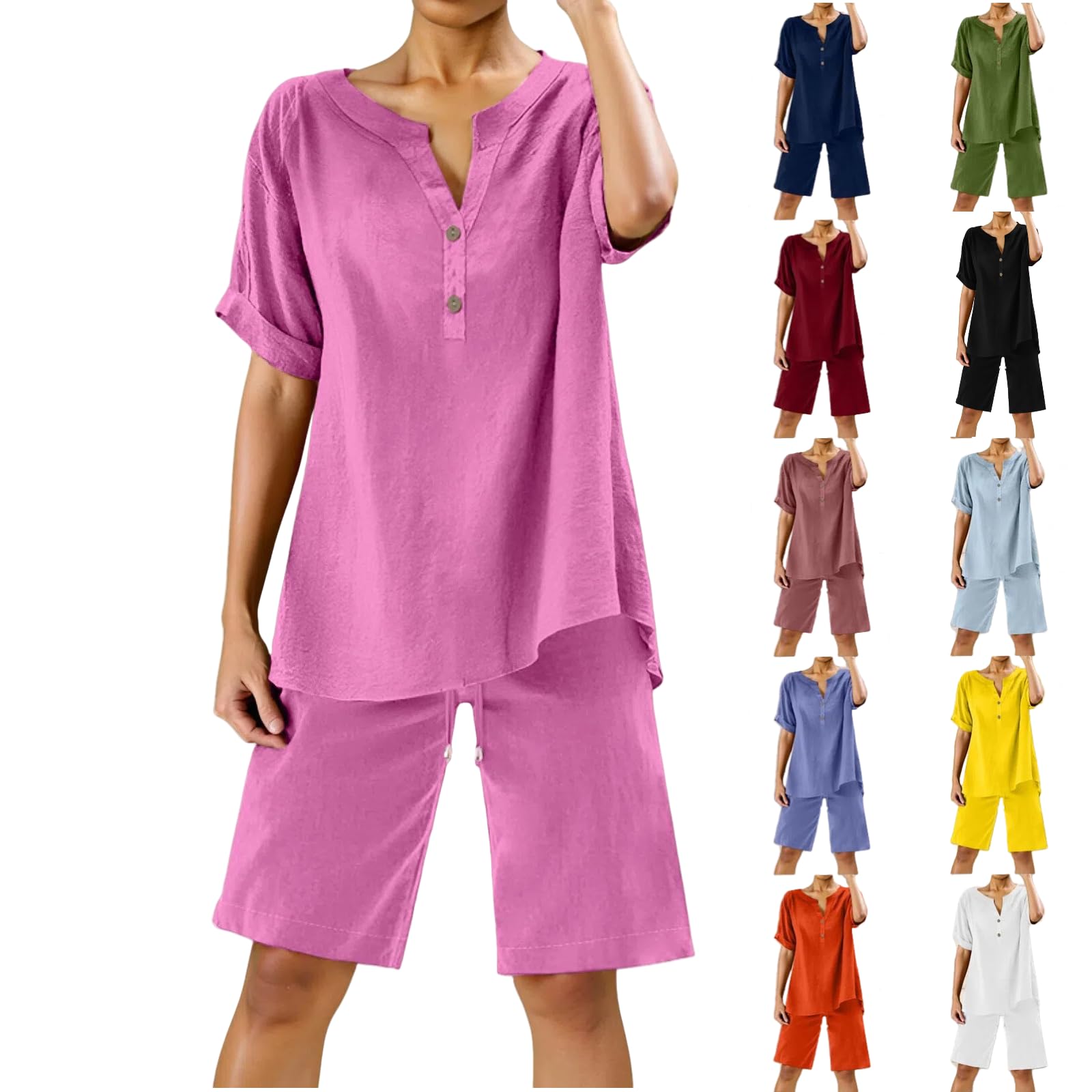 Linen Short Sets for Women 2 Piece Short Sleeve Shirts Wide Leg Shorts Loose Fit Casual Cotton Linen Sets Summer Outfits