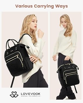 LOVEVOOK Laptop Backpack Womens, 17 inch Laptop Rucksack Bag for Women, Large Ladies Backpacks Waterproof School Bags with USB Port, Fashion Daypacks for Uni College Work Travel, Black