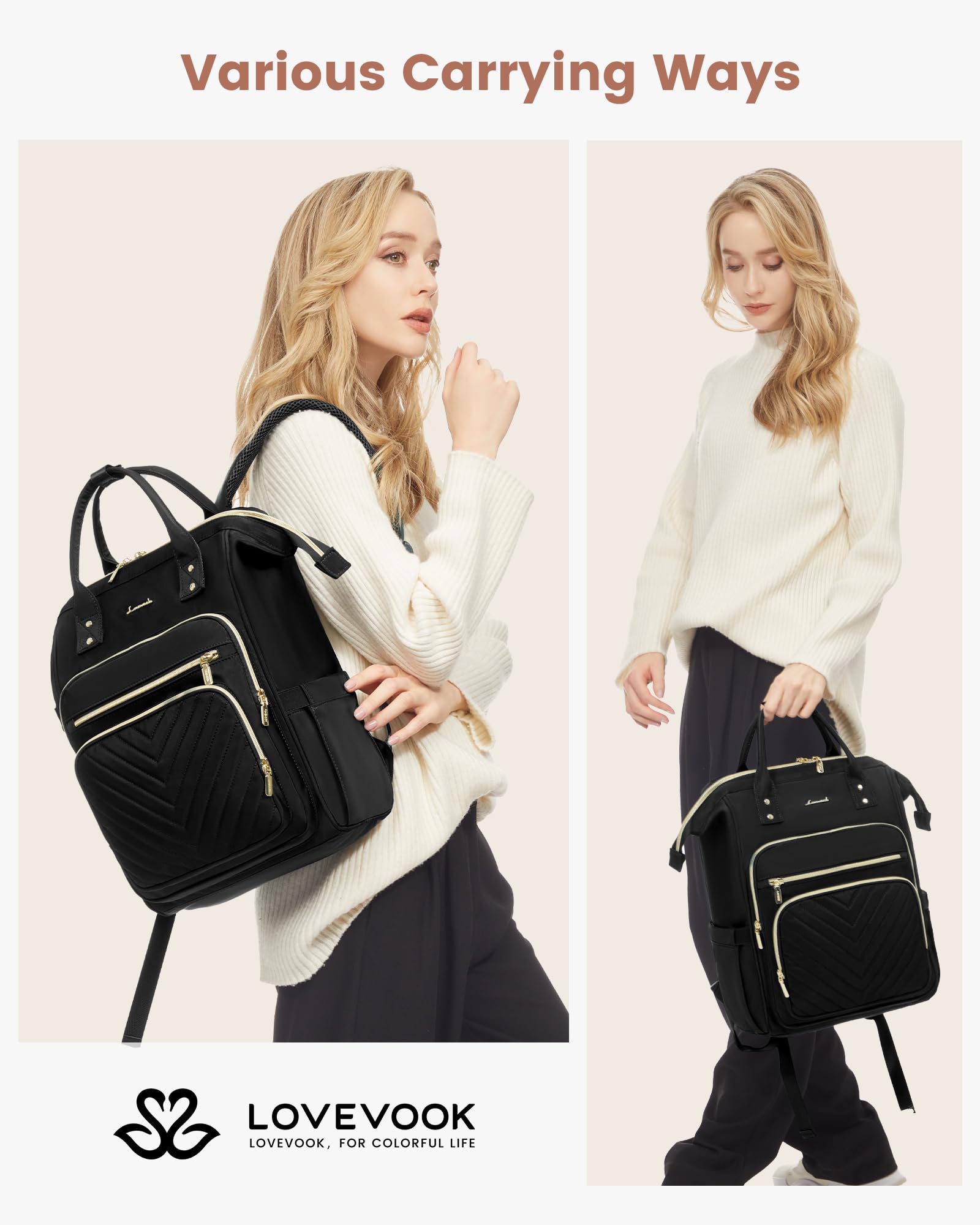 LOVEVOOK Rucksack Damen, 15,6 Zoll Laptop Schulrucksack Mädchen Wasserdicht, Elegant Arbeitstasche Lehrertasche Reiserucksack, Schultasche Tagesrucksack Backpack Women für Uni Büro Reise, Schwarz