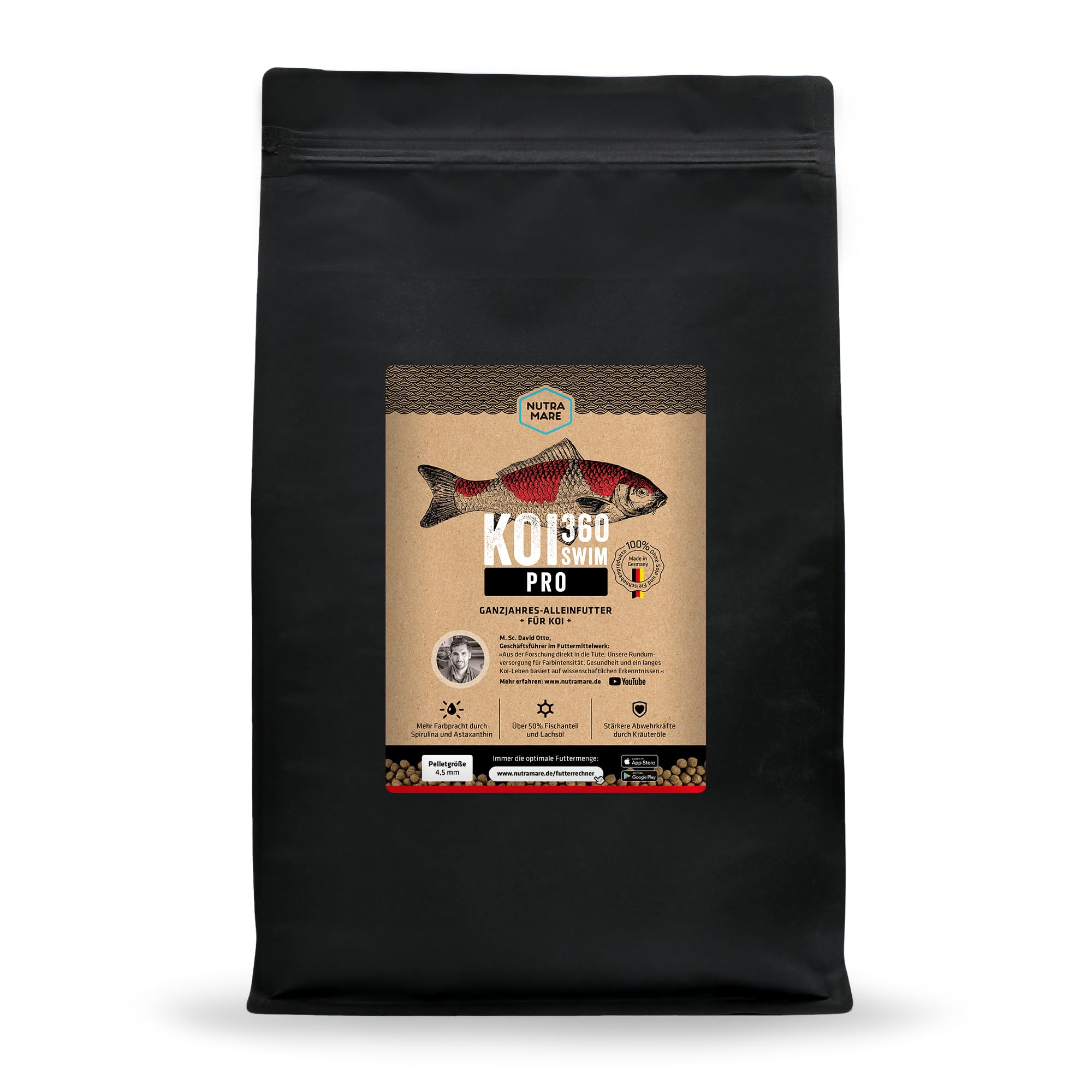 Koi360 Pro Swim 4,5 kg Otoño Comida para koi | Crecimiento ideal gracias al 40% de proteínas, Espirulina para colores intensos