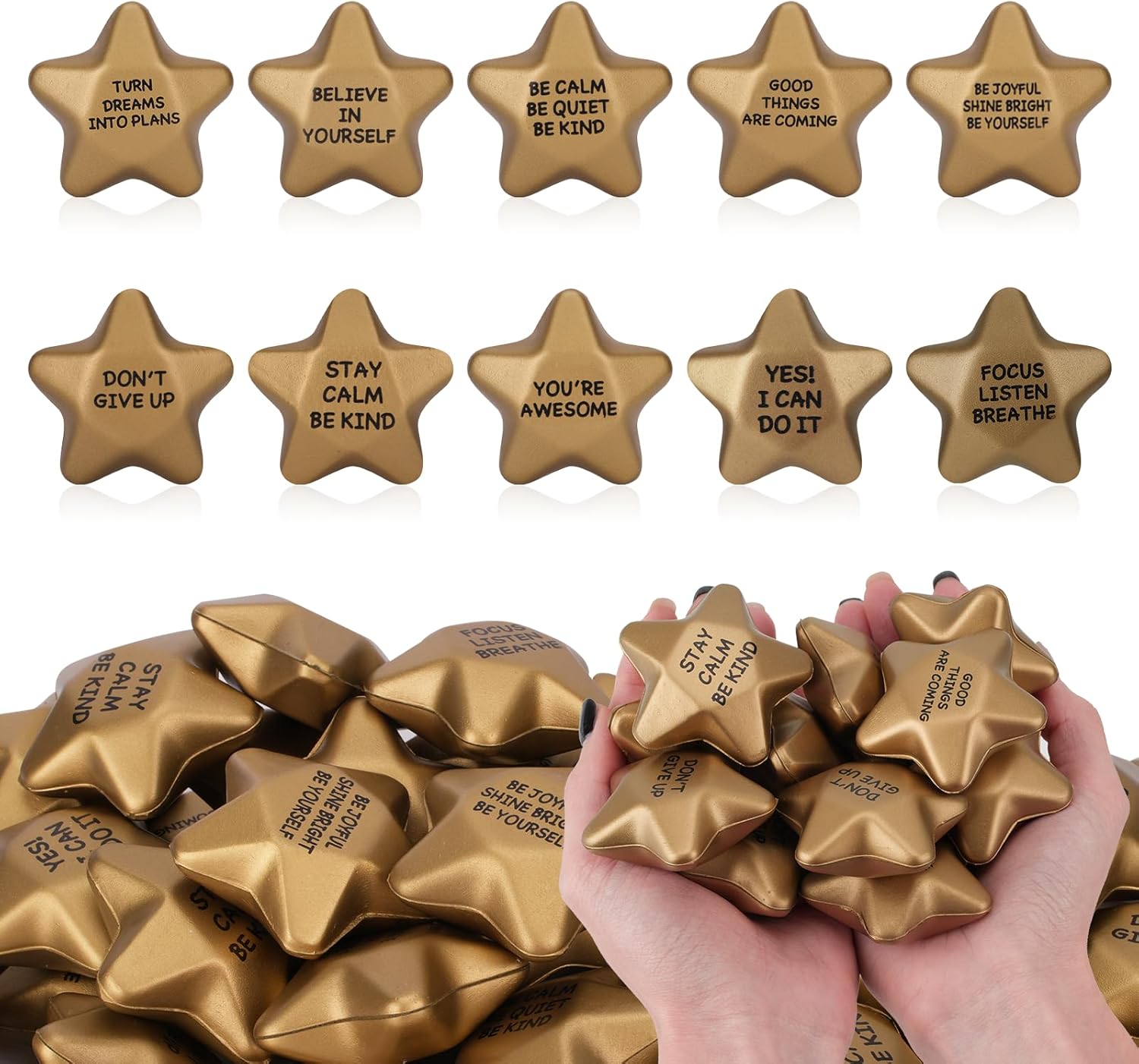 100PCS Stress Balls, Star Stress Balls for Adults & Kids - Motivational Quotes Soft Foam Stress Relief Squeeze Toys, Office Classroom Stress Relief Gifts, Student Prizes (Motivational,2.16 Inch)