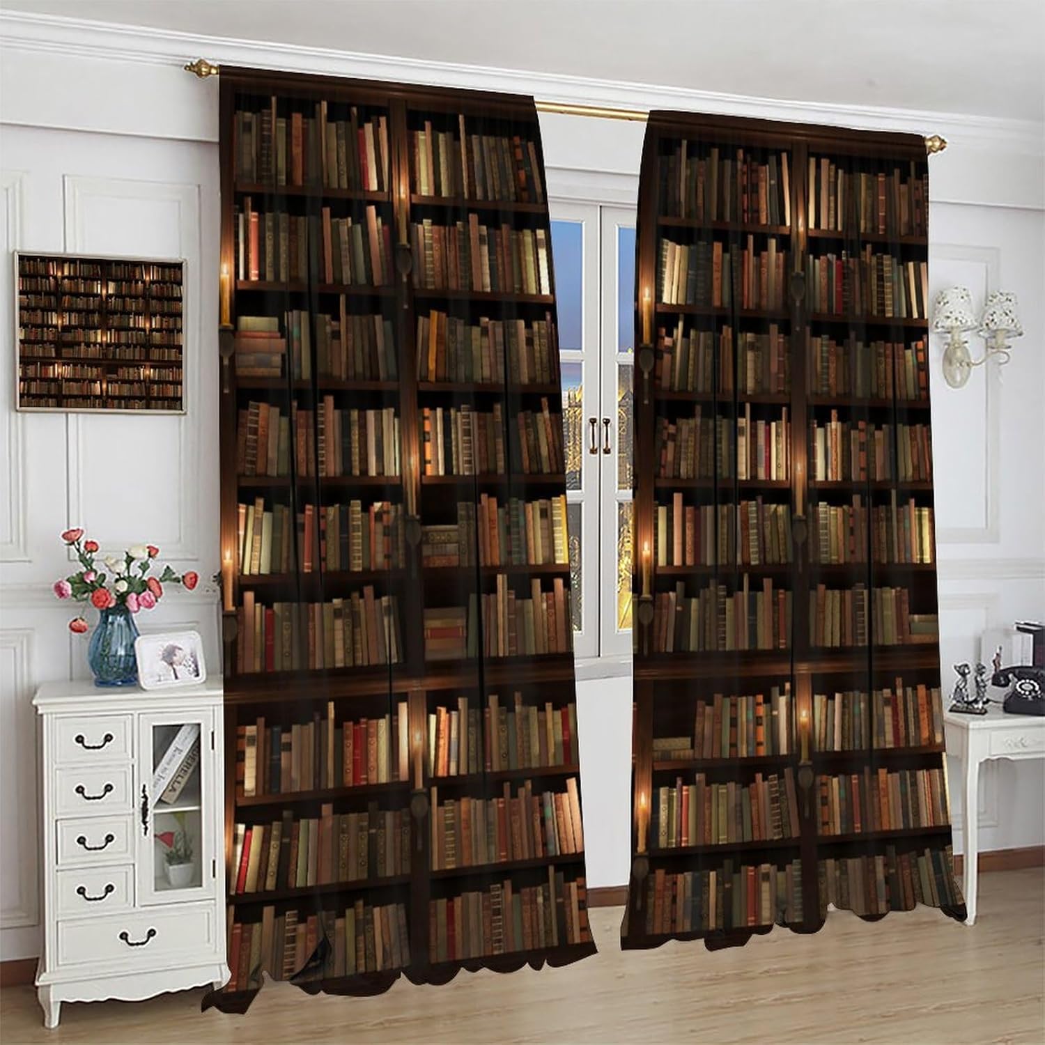 Bookshelf Curtains Library Books Bookcase Printed Vintage Rod Pocket Blackout Window Drapes for Bedroom Living Room Kitchen Cafe Decor （W21xL45 Inch） x2 Panels