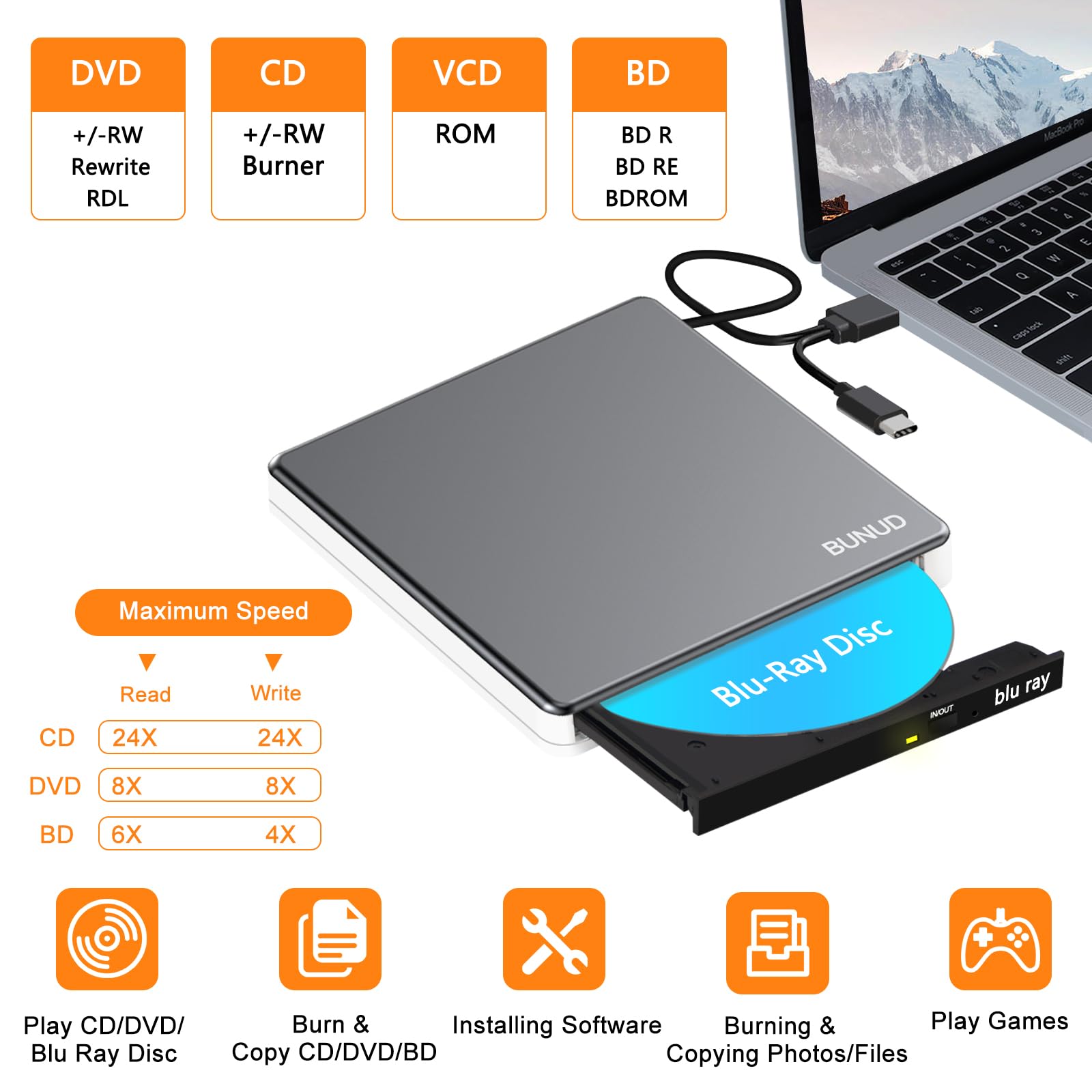 Blu-Ray Masterizzatore Writer CD DVD USB 3.0 & Type-C 2 slot USB & SD/TF, ottico 3D BD per PC Laptop Windows 11/10 Mac