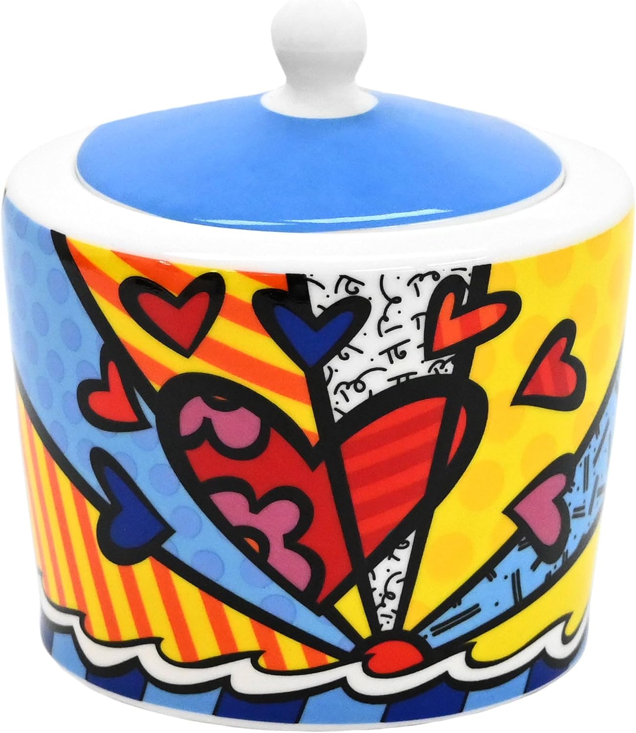 Britto Bone China Sugar Bowl with Lid | Colorful Coffee Bar Accessories, Seasoning Pot Box, Ceramic Salt Pepper Organizer, Farmhouse Kitchen Decor | 10.4 oz (New Day (Multicolor))