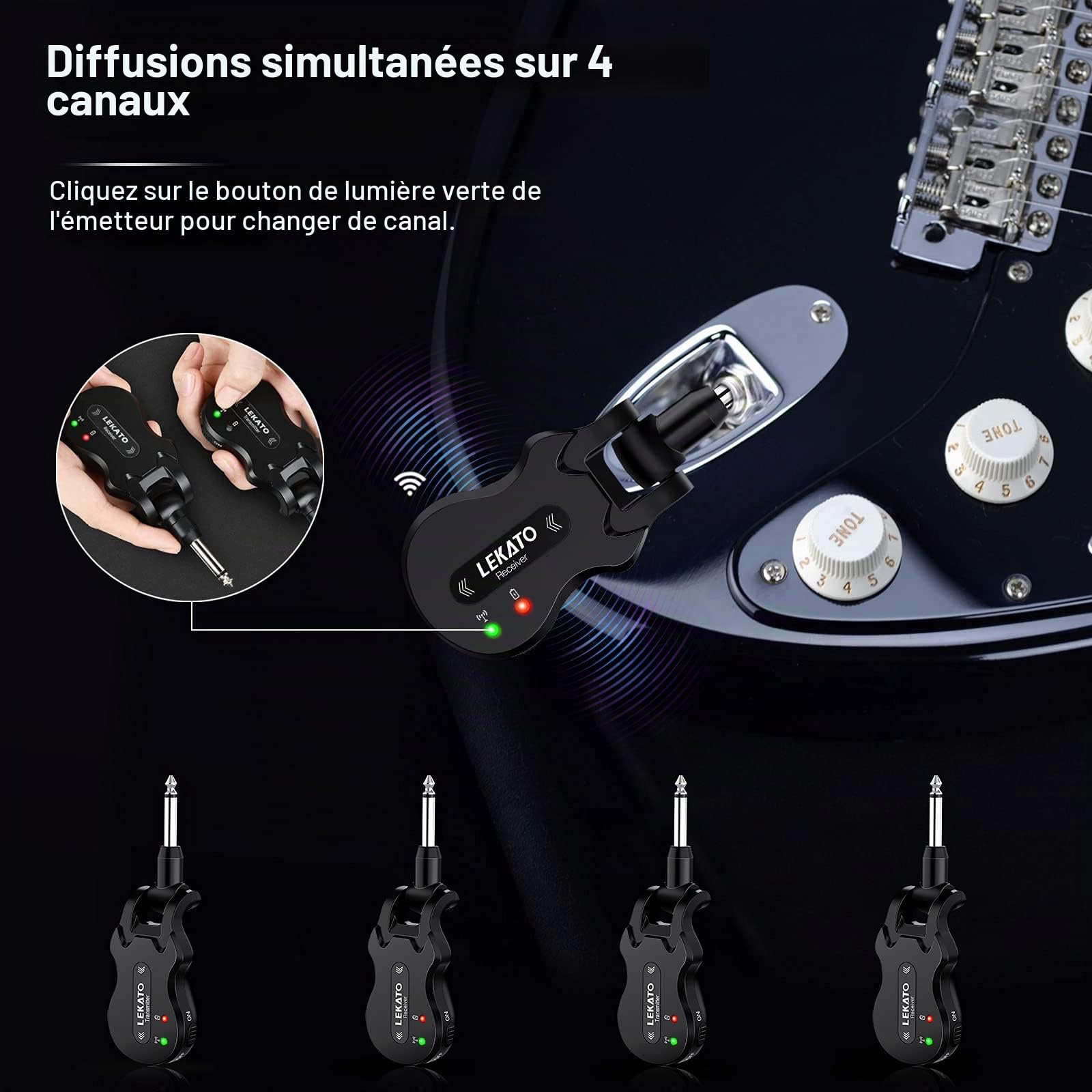 LEKATO 5.8Ghz Guitare Transmetteur sans fil Récepteur Système de guitare sans fil Rechargeable Audio numérique Système de basse Guitare sans fil (Noir)