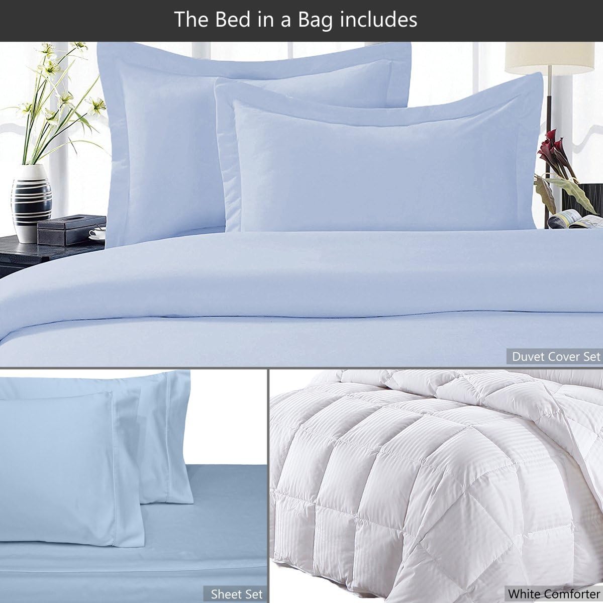 8 Pieces 100% Cotton Solid Blue Full Goose Down Bed in a Bag Set Including 600TC Sheet Set + 600TC Duvet Cover Set+ All Season Striped Goose Down Comforter 600 Fill Power