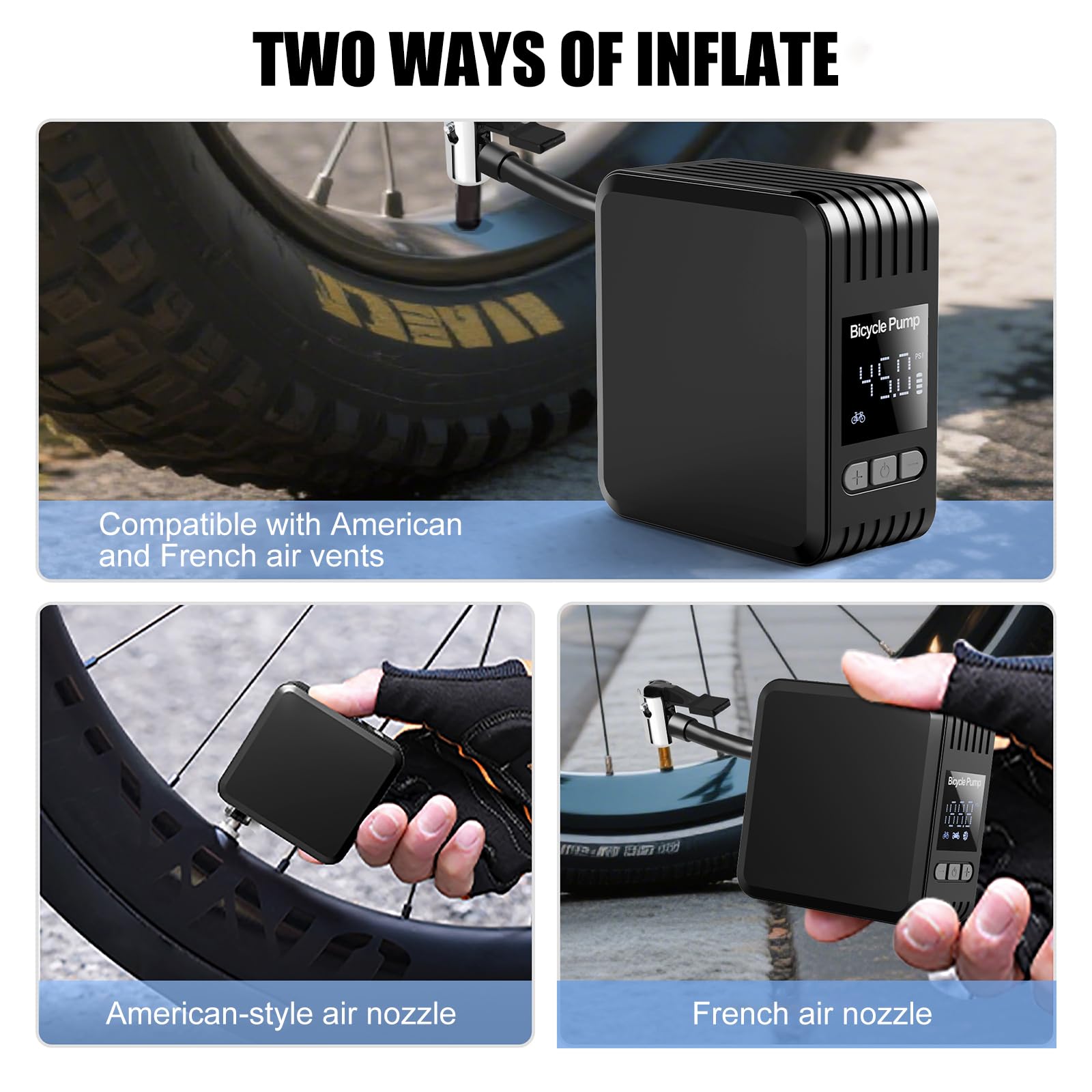 Mini Bomba de Bicicleta Eléctrica, 150 PSI Bomba de Neumáticos Eléctrica Inalámbrica con Manómetro Digital, Bomba Eléctrica para Bicicleta MTB y Carretera, Bicicleta MTB, Motocicleta