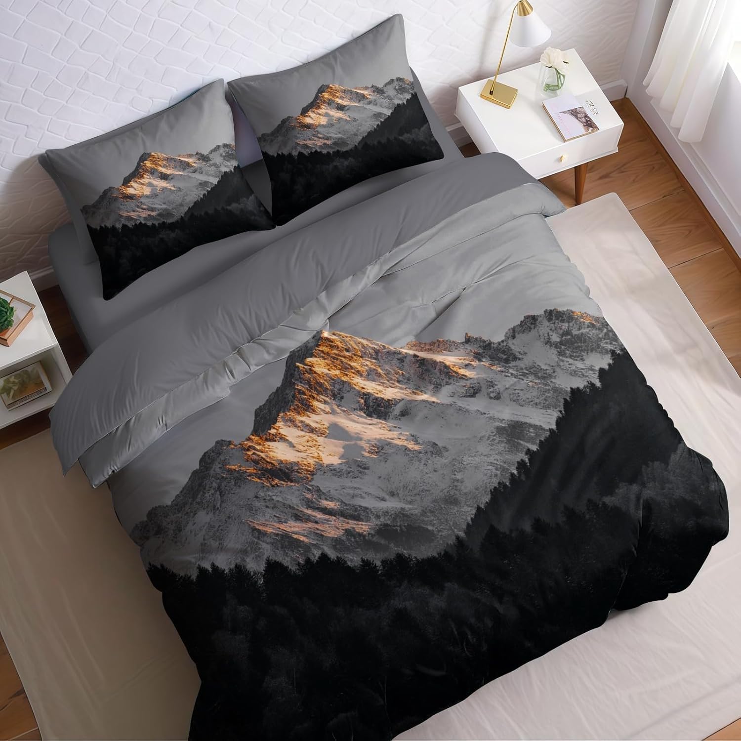 Funda Nordica Cama 105 Juvenil Paisaje de Montaña Nevada Funda Edredon 200x200 Gris 3D Fundas de Edredón Microfibra Suave Ropa de Cama de 3 Piezas con Cremallera y 2 Fundas de Almohada K-1342