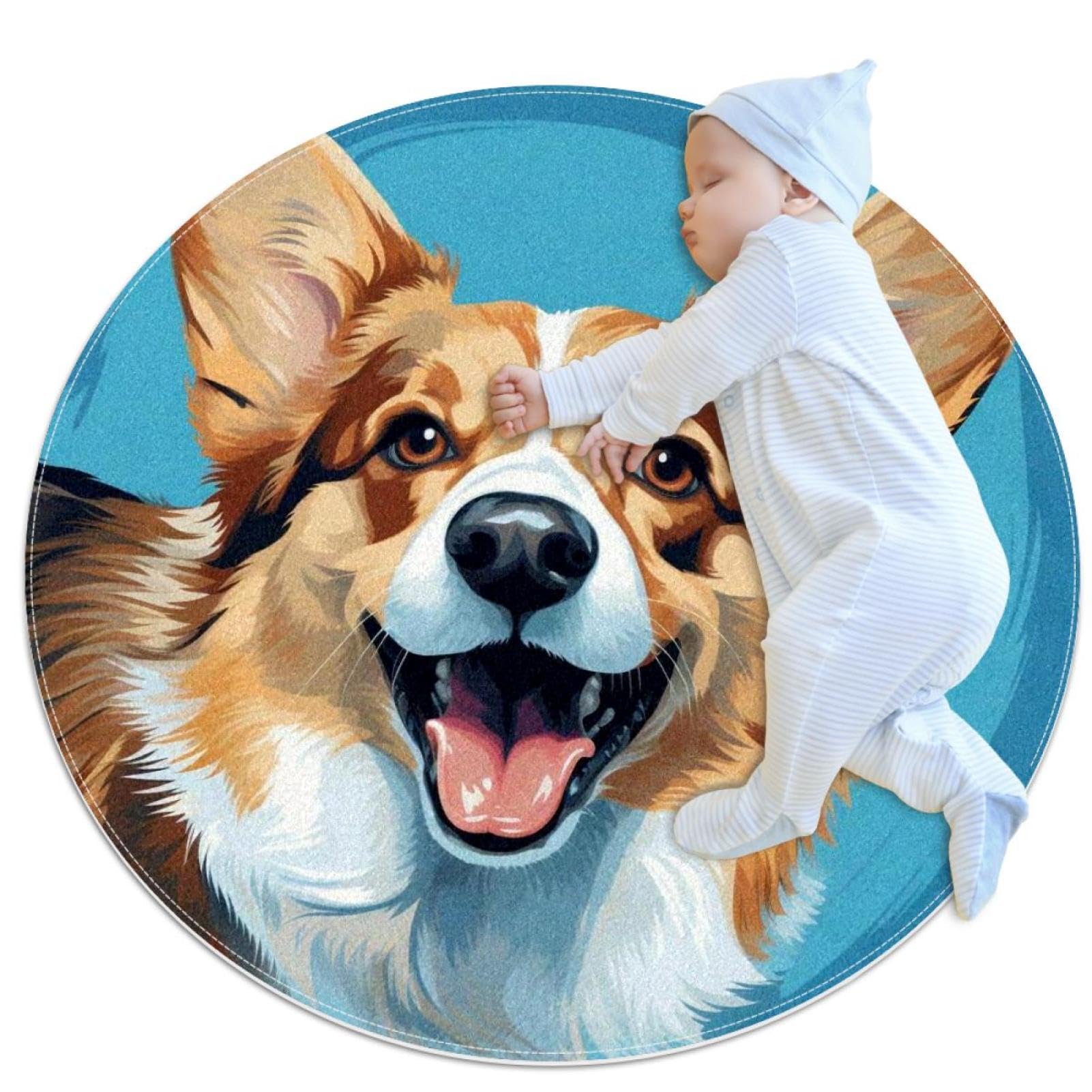 Tapis de salle de bain Corgi bleu antidérapant rond 1m pour chambre et canapé