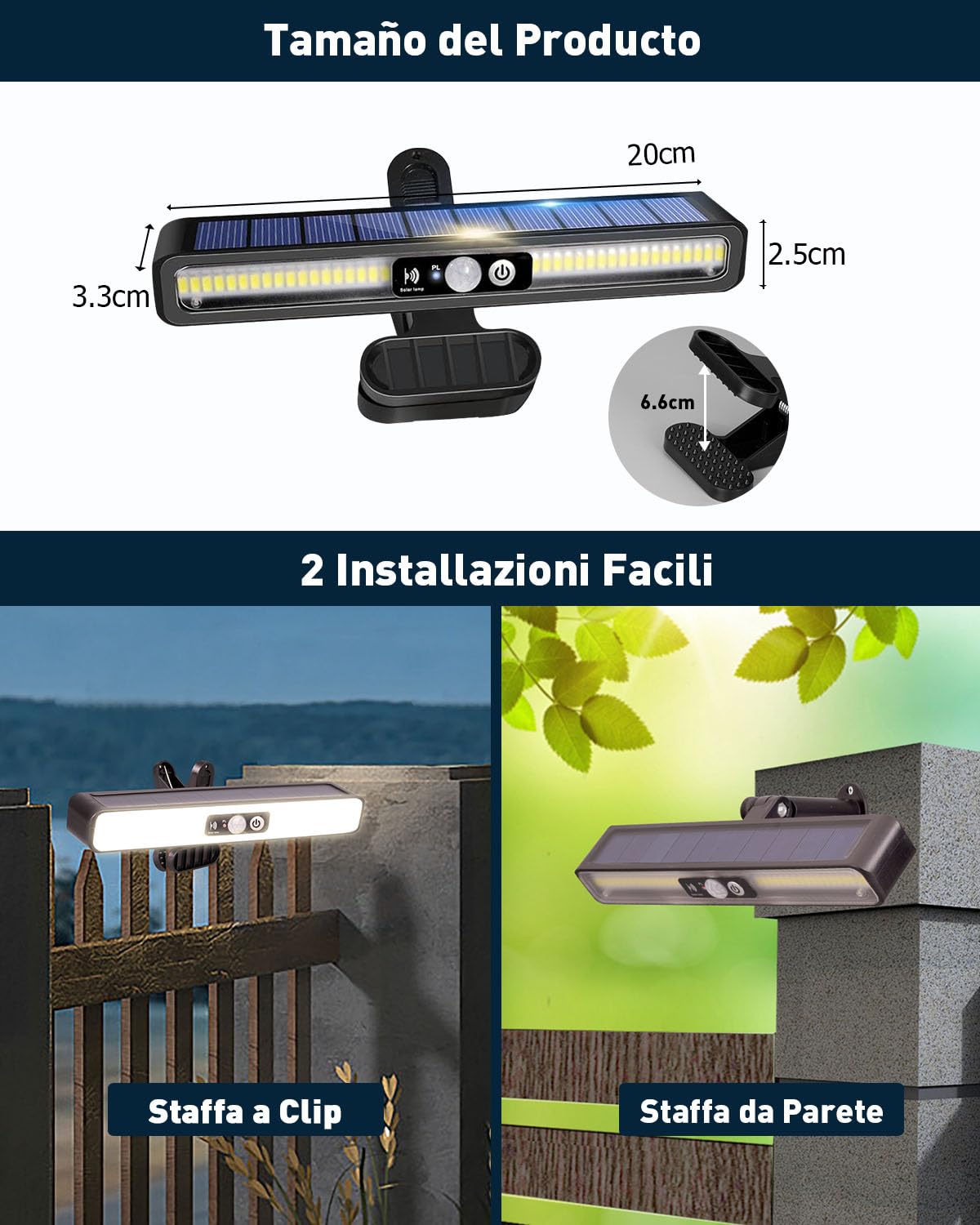 (2 Pezzi) ICEKO Faretto LED da Esterno Solare con Sensore di Movimento,1200 mAh/3 Modalità/IP55 Impermeabile, Lampade Solari con Clip,Luci Solare LED Esterna con Pannello Giardino,Recinzione,Parete